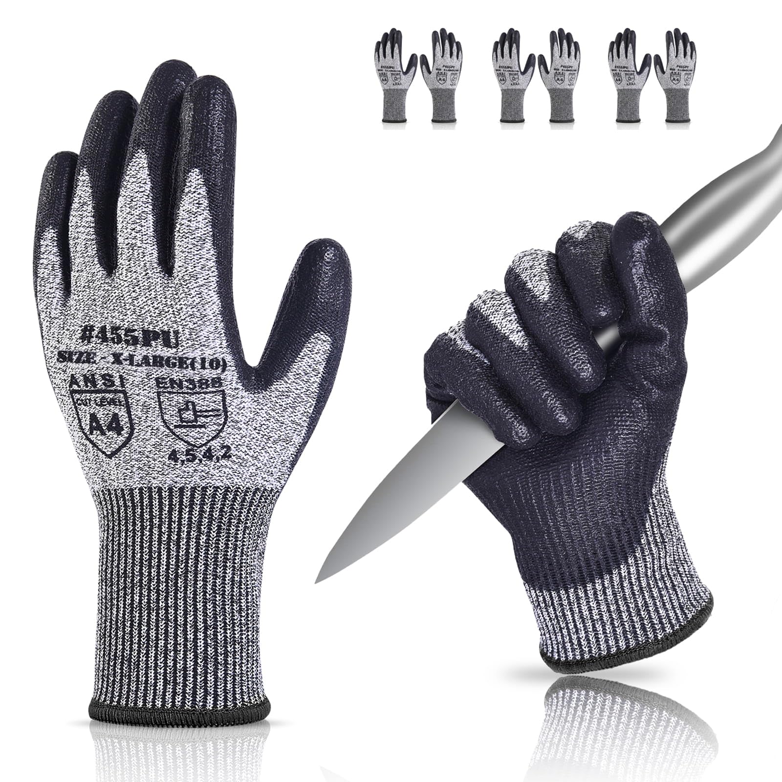 Donfri Cut Resistant Gloves High Performance Level 5 Protection Safety Work Gloves for Men Comfortable PU Coated Palm Cut Proof Gloves Gardening Food Grade Non-slip Machine Washable (XL, 3)