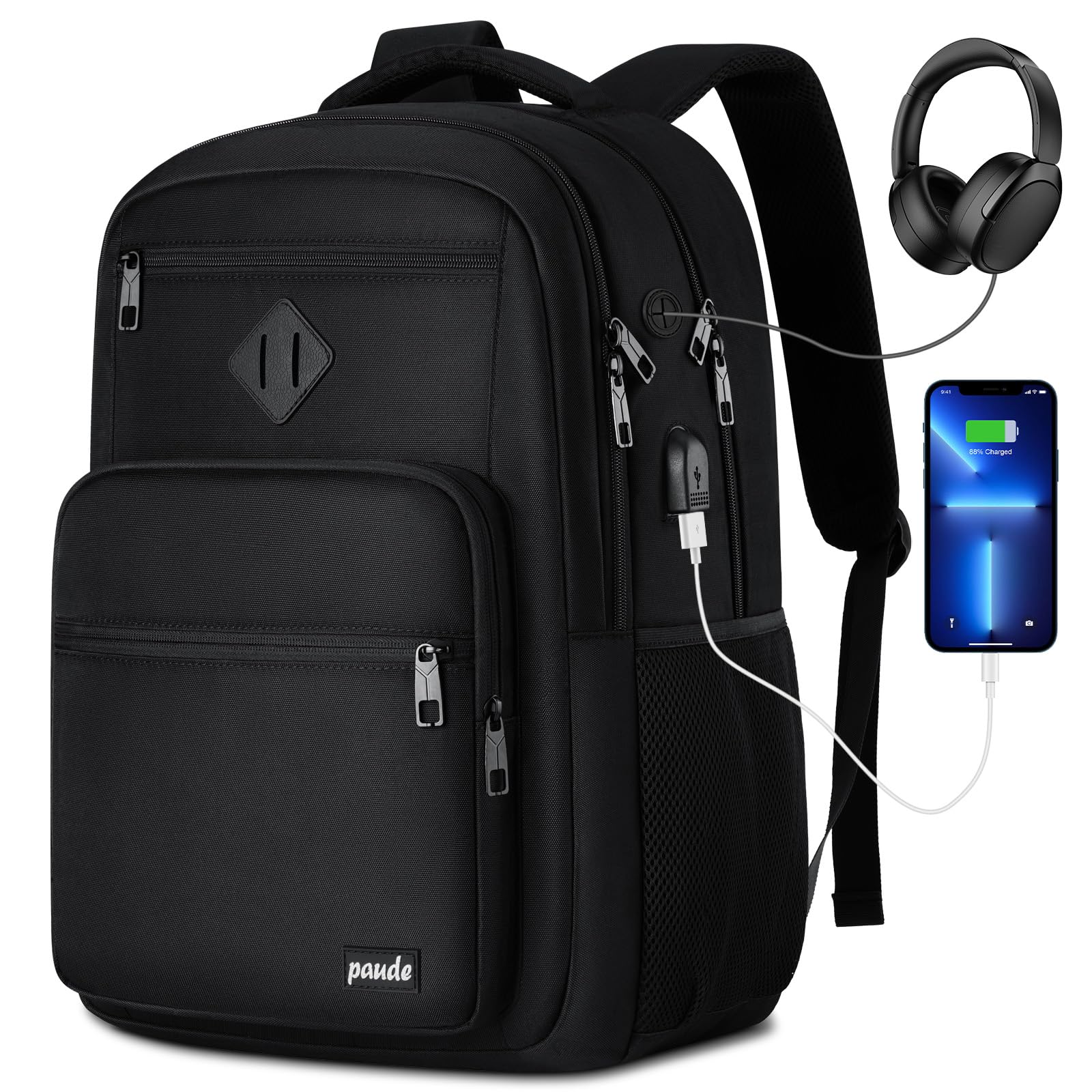 Paude Black Backpack School Backpack for Teens Adults Laptop Bookbag for High School College Students Back Pack for