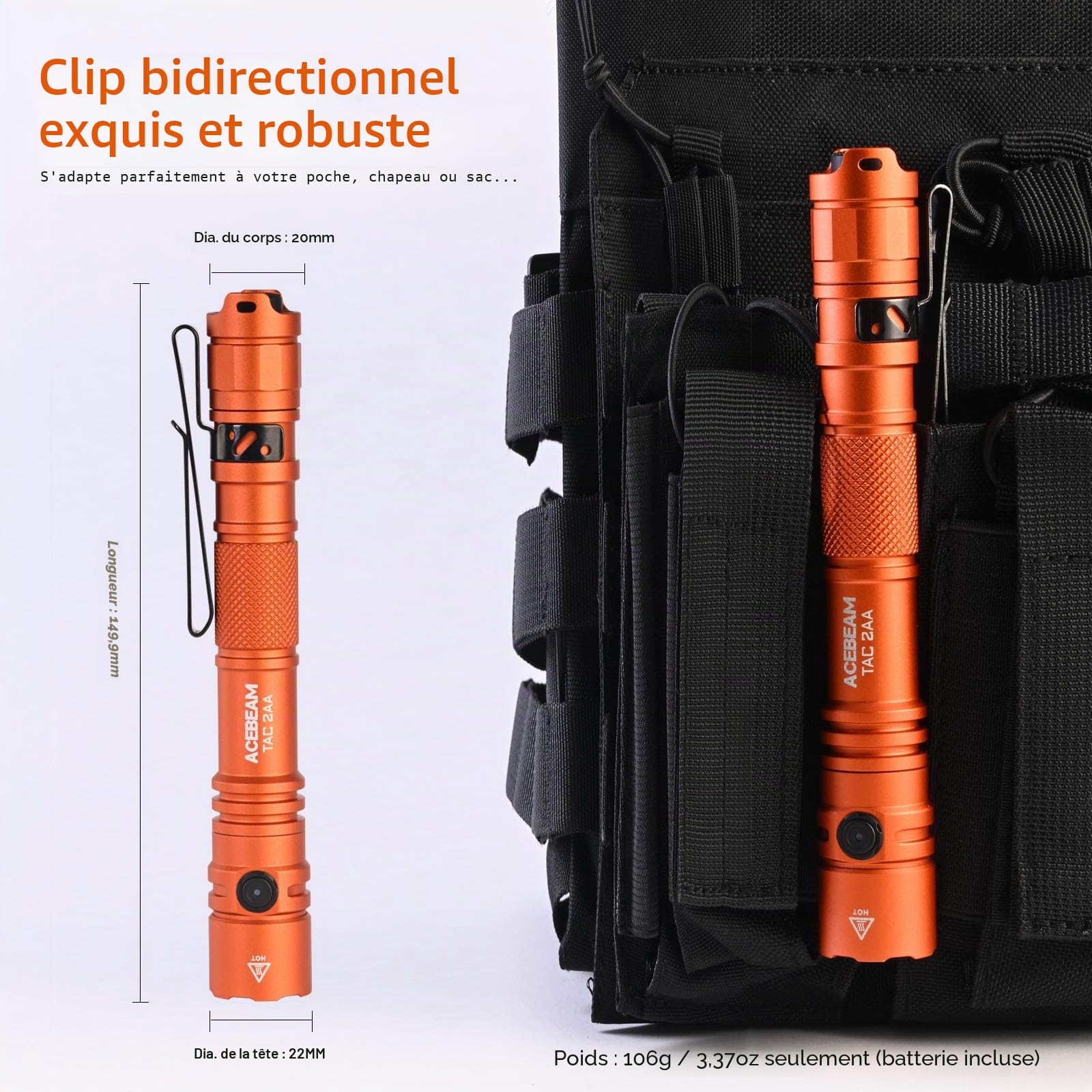 ACEBEAM Lampe Torche Tactique TAC 2AA EDC Rechargeable à Double Mode, LED Ultra Puissante 1600 Lumens avec Double Interrupteur - Petite de Poche Super Lumineuse pour Urgence