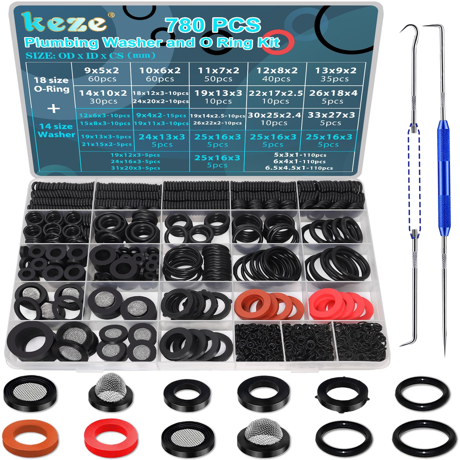 KEZE 780 PCS Rubber Washer Assortment Kit 14 Size Water Hose Washers and 18 Size Nitrile O Ring Washers Set for Outside Faucet Spigot Garden Hose Pressure Washer Plumbing Repair OD 5-33MM
