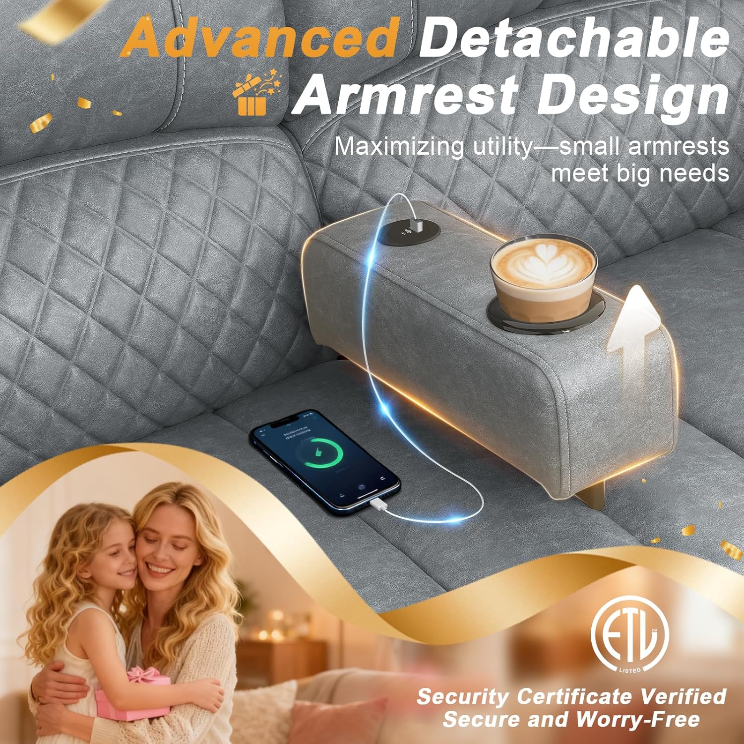 An illustration of the hidden storage compartments and side pockets on the loveseat.