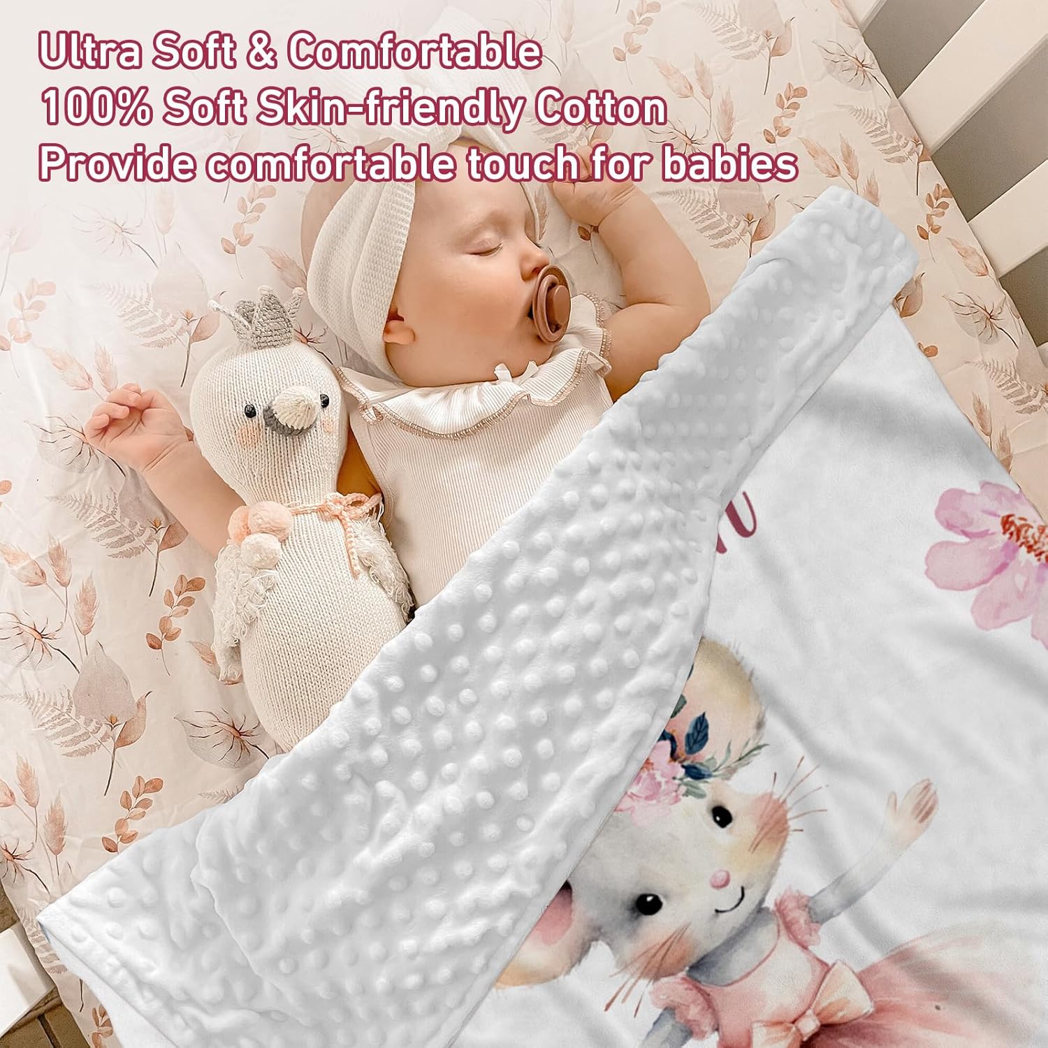 Personalized Baby Blanket for Boys, Custom Name with Mouse Designs, Soft Flannel with Double Layer Dotted Backing, Receiving Swaddle Blanket Suitable for Infants and Toddler(47”x60)