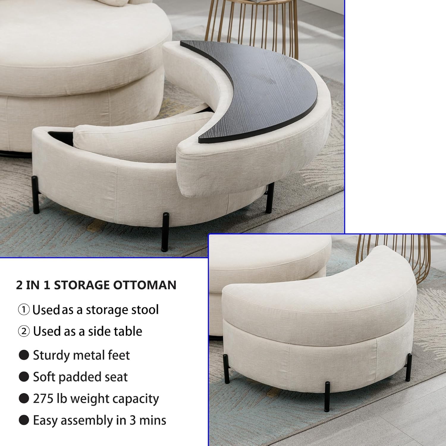Oversized Swivel Accent Barrel Chair with Storage Ottoman+Pillows, Comfy Chaise Lounge Big Round Cuddler Reading Chair for Living Room Bedroom(Chenille Beige with Ottoman)