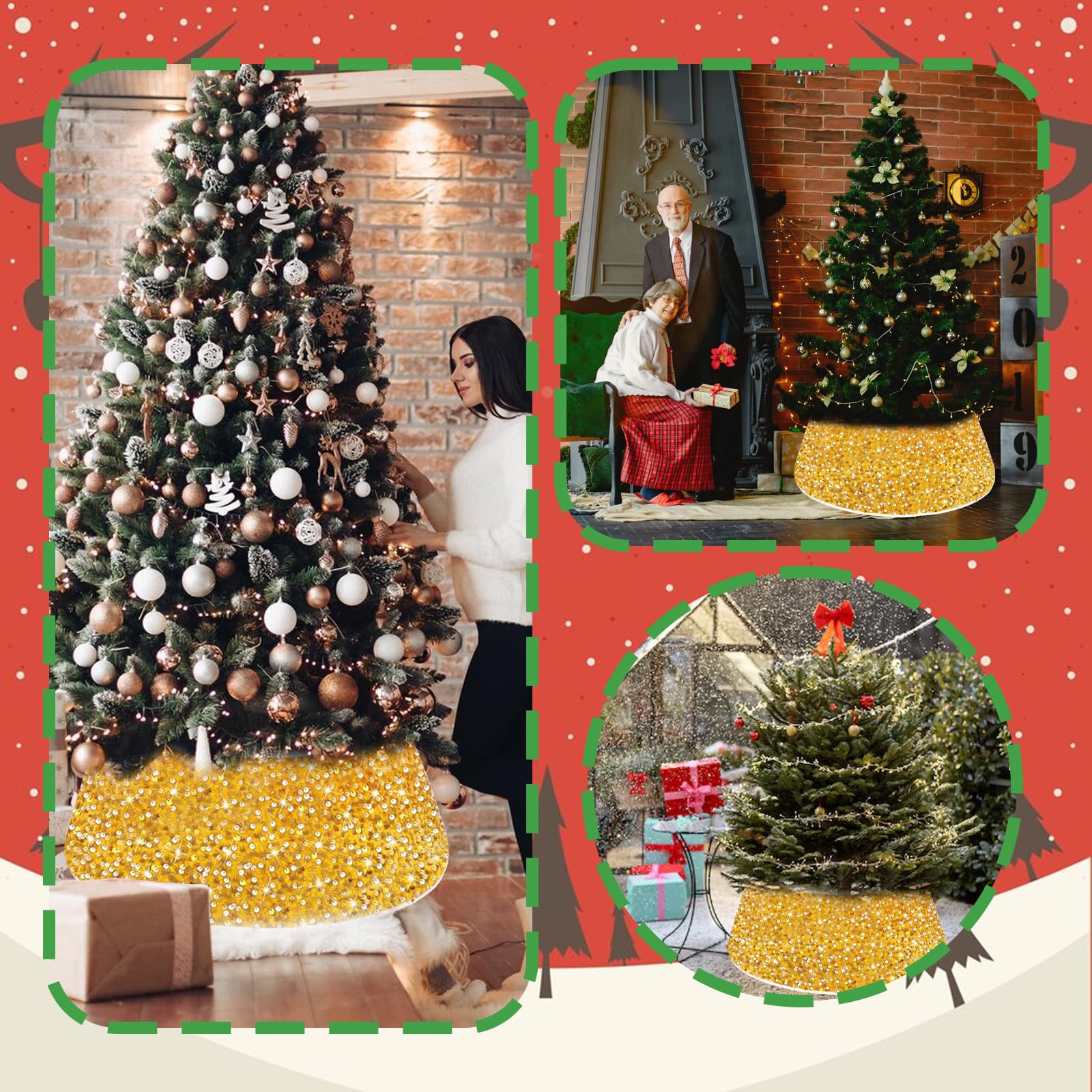 Collare per Albero di Natale 60cm, Oro Glitterato Copertura per Base dell'albero di Natale, Rotondo Gonna per Albero di Natales Pieghevole per la Decorazione Natalizia
