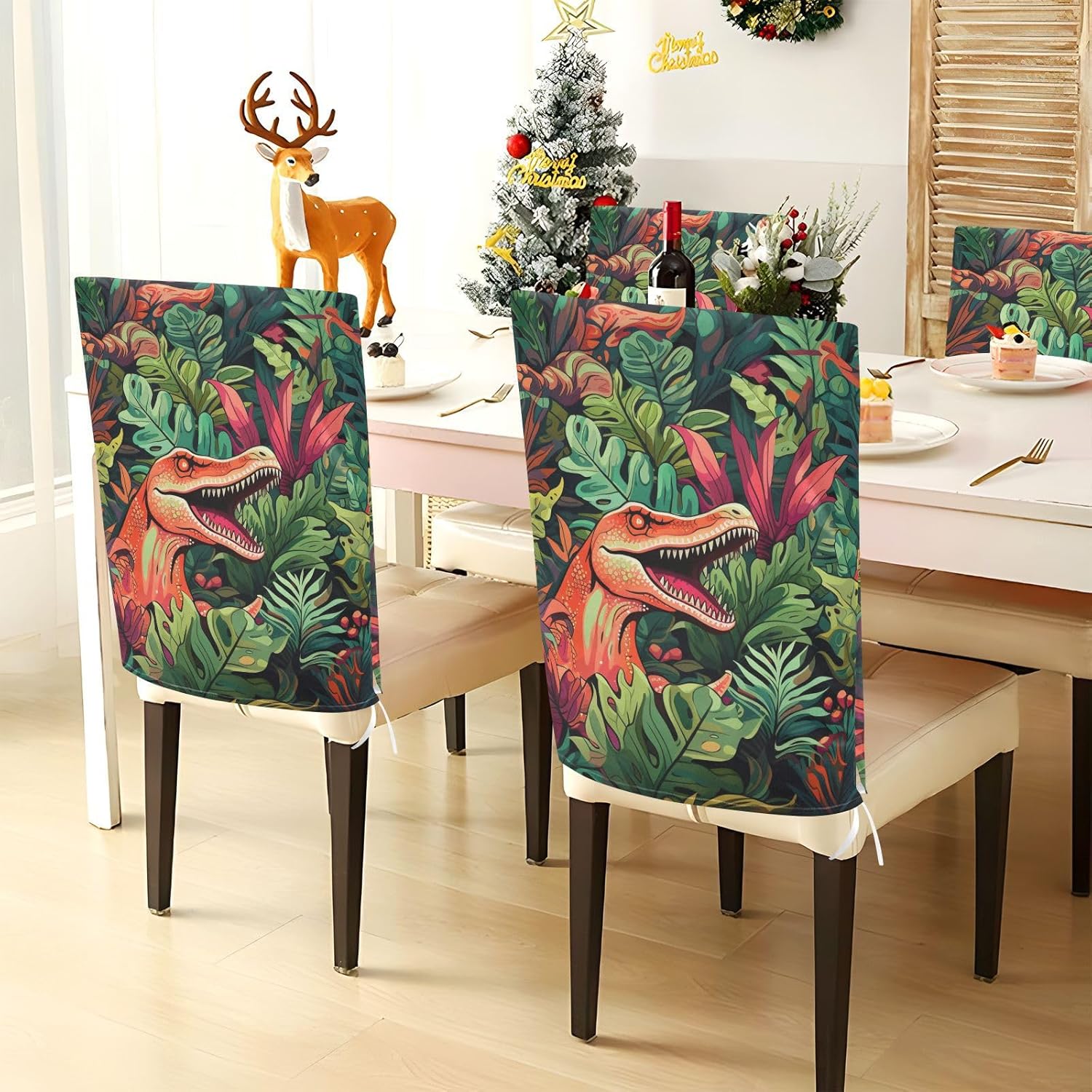 ALAZA Dinosaur Green Leaves Chair Back Cover Set of 6, Washable Reusable Removable Chair Slipcovers Decorative Chair Cover for Home Kitchen Wedding Party