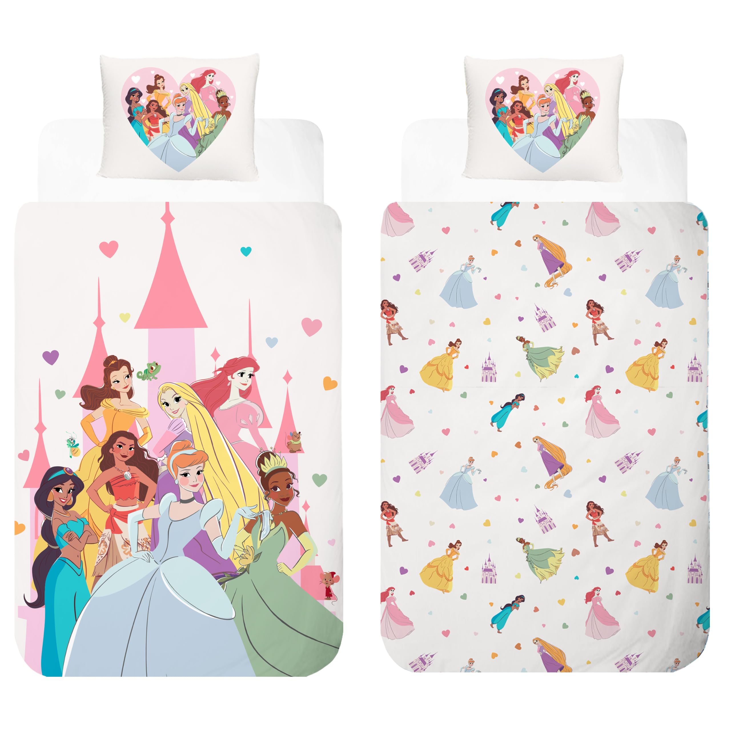 Disney Princess Reversible Bedding Set | Single Size Duvet Cover 140×200 cm + Pillowcase 50×70 cm | 100% Cotton | Soft Breathable Children's Bed Linen Set | Official Disney Single Bed Set