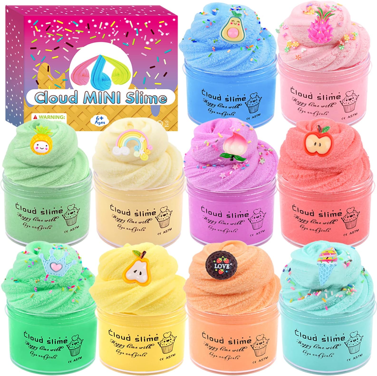 Scented Cloud Slime Kit 10 Pack, with Peach, Apple, Rainbow and Pineapple Cute Slime Charms, Soft and Non-Sticky, for Kids Party Fun Stress Relief Toy