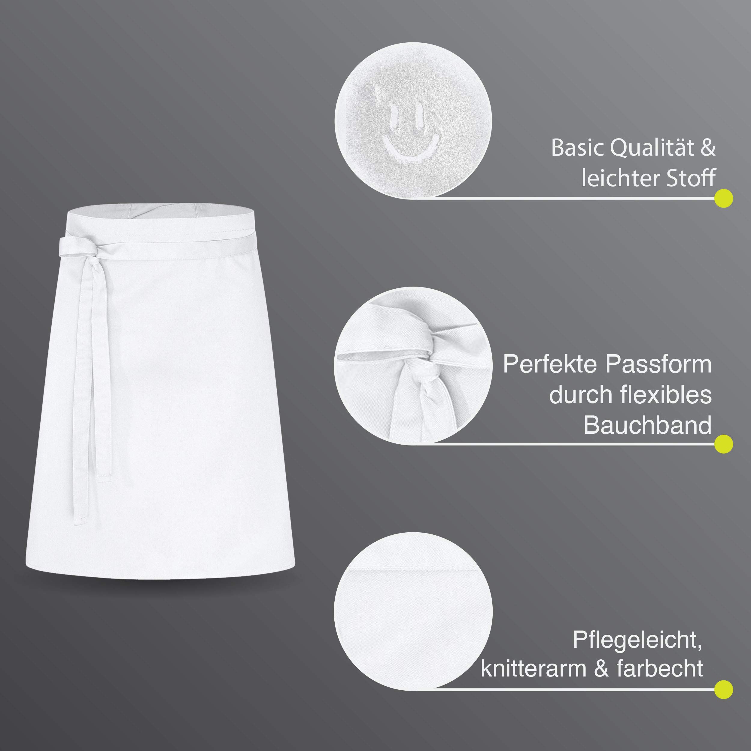DESERMO Delantal básico de 60 cm x 80 cm (largo x ancho), excelente delantal para mujer y hombre, mezcla innovadora de algodón y poliéster, peso: 190 gm², 35% algodón, 65% poliéster., Blanco, 20er