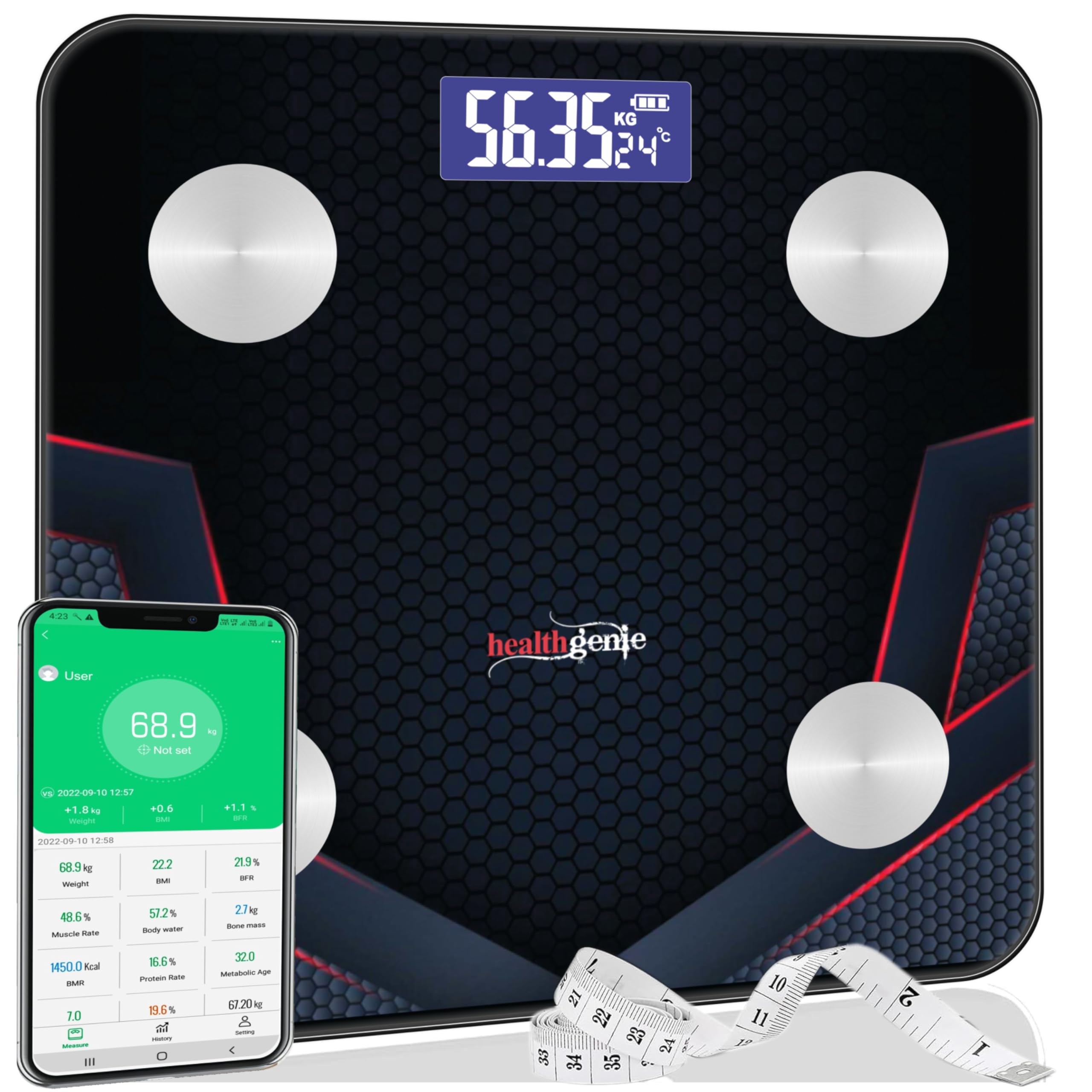 Healthgenie Advanced BMI Weight Scale,Body Fat Analyzer With Smart Circut For Longer Battery, Sync With App, 18 Body Metrics Weighing Machine (Digital Era)1 YR Warranty,Free Assorted MeasuringTape-picture-11