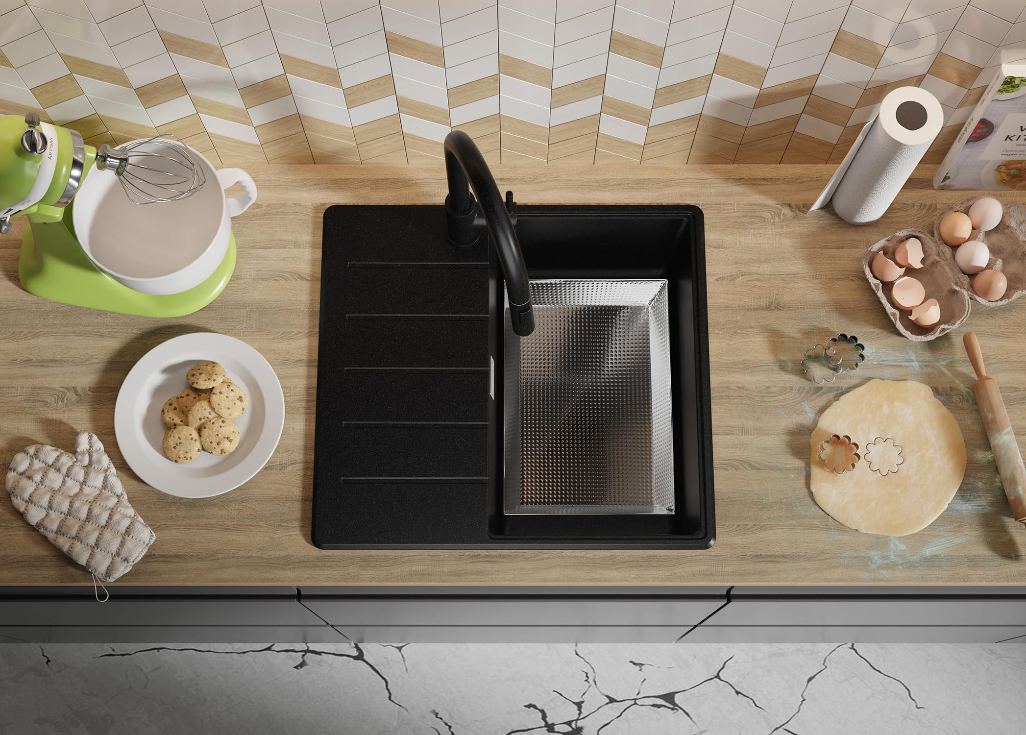 PRIMAGRAN Fregadero Granito Todo Negro - Copenhague Top, 55x50cm | Cocina 1 Seno + Grifo 32x20cm + Set de accesorios, sobre Encimera al Mueble 40cm (S092)