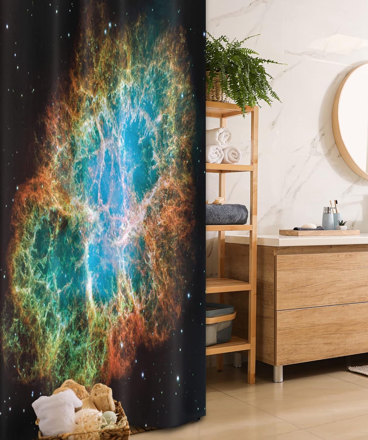 Ambesonne Outer Space Stall Shower Curtain, Image of Crab Nebula in Early Age Clean Version of Original Space Print, Fabric Bathroom Decor Set with Hooks, 36" W x 72" L, Black Teal Orange