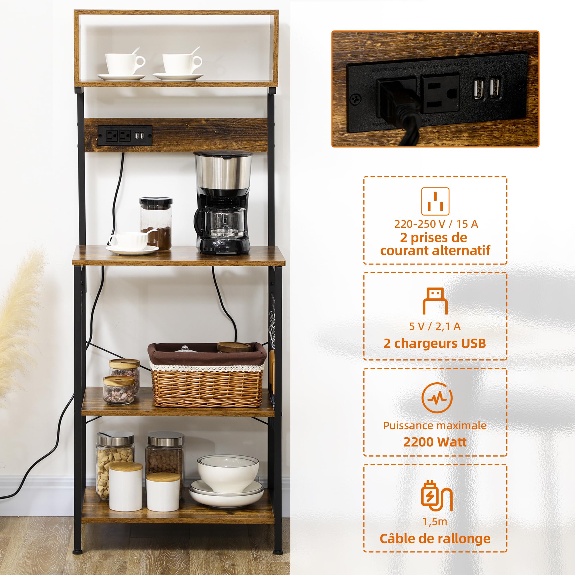 HOMCOM Étagère de Cuisine Support pour Micro-Ondes Meuble de Rangement Industrielle avec 2 Prises USB et Prise de Courant, 5 Crochets, Étagère Réglable, 60 x 42 x 153 cm, Marron Rustique