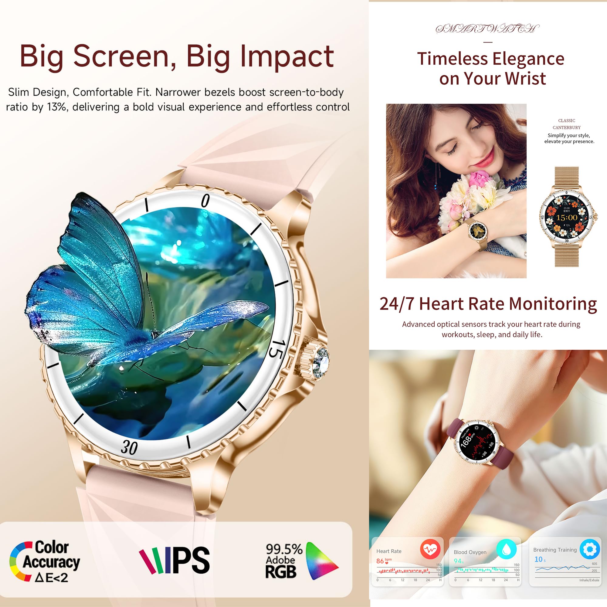 1,27-calowy AMOLED Smart Watch dla kobiet z funkcją Bluetooth, zegarek fitness z 24/7 monitorem temperatury ciała, snem i pulsometrem, monitor SpO2, zegarek sportowy 3ATM iOS Android (złoty)