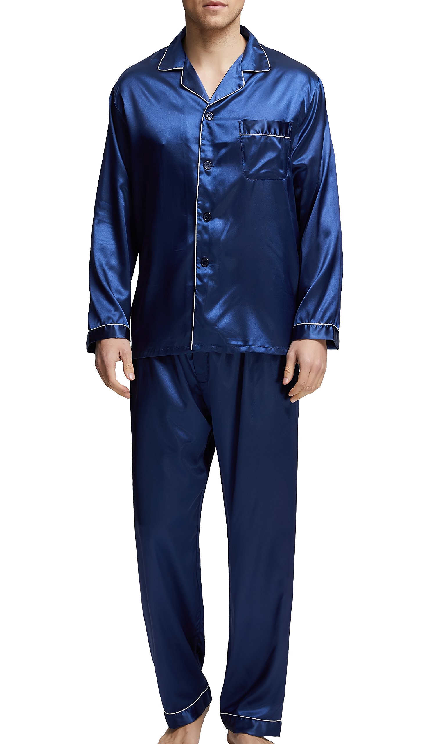 Sanraflic Men's Blue With White Piping ’S Sleepwear Satin Pyjama Set Nightwear Loungewear (, XX-Large)