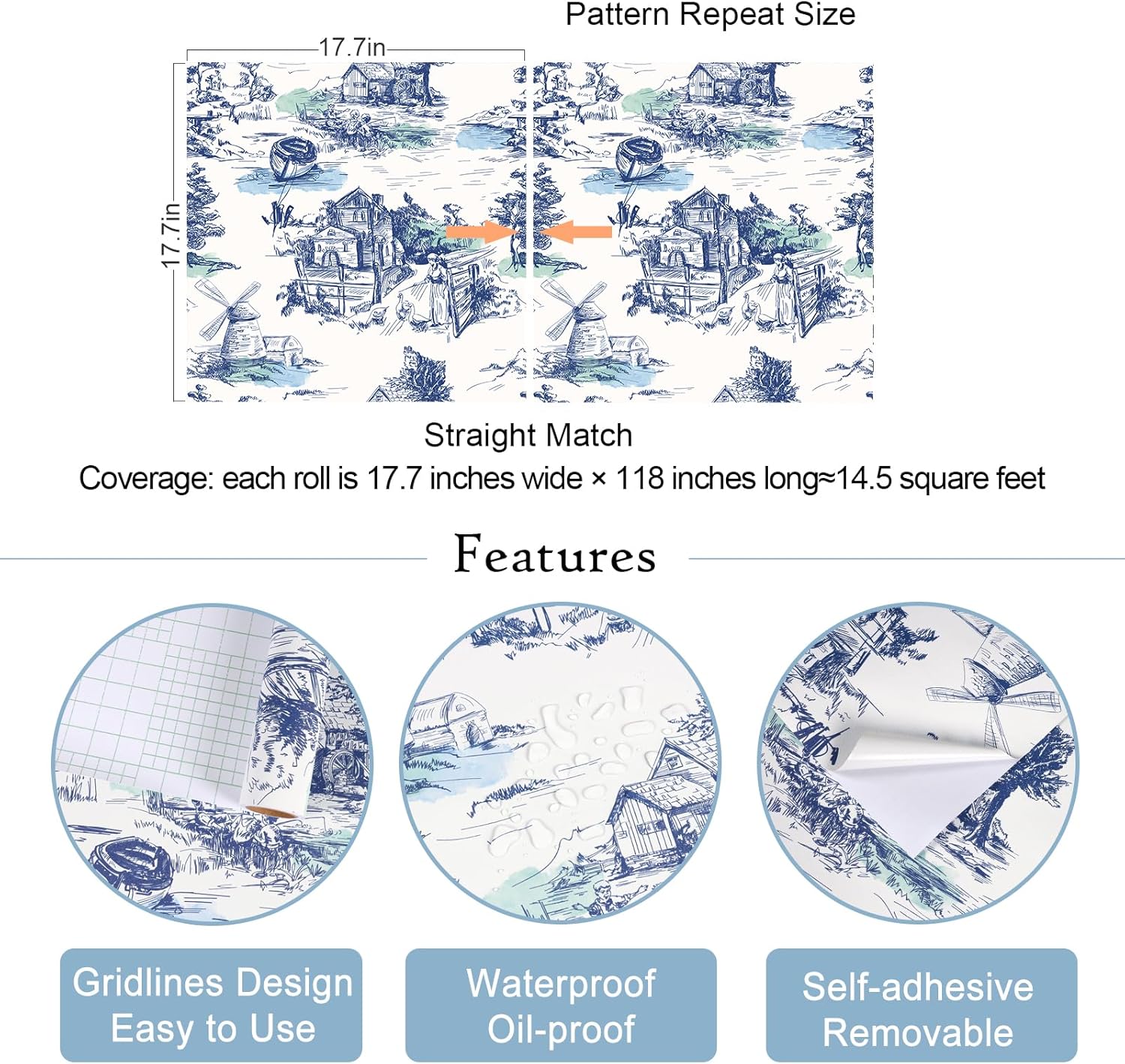 VaryStyle Toile Wallpaper Blue/White French Country Peel and Stick Wallpaper for Farmhouse Bedroom Vintage Toile Blue Contact Paper Self Adhesive Removable Vinyl Mural for Bedroom Cabinets 17.7"x118"