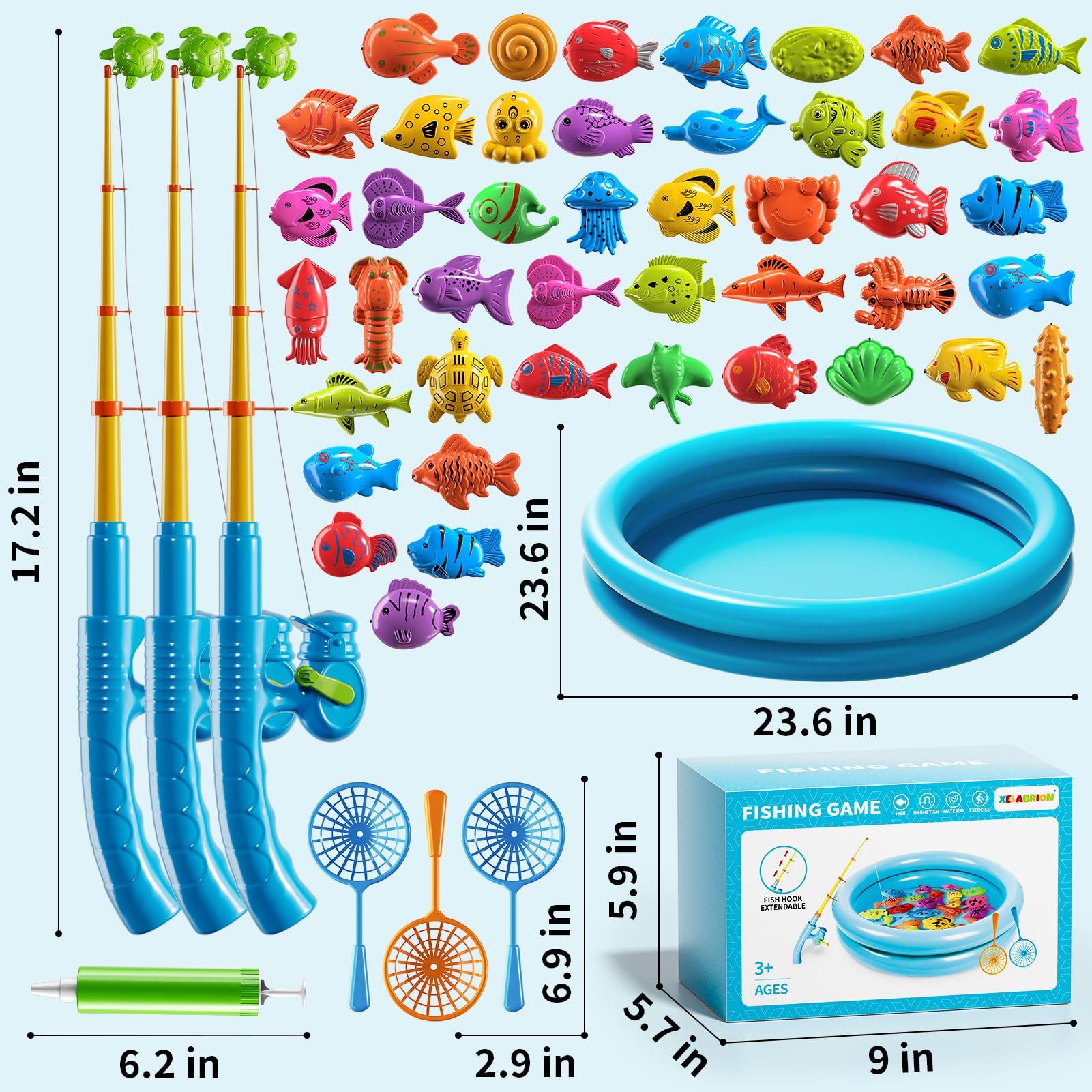 Magnetische Angel Pool Spielzeug Spiel für Kinder Kleinkinder, Bad Wassertisch Außenspielzeug mit aufblasbarem Pool, Pole Rod Netz, Bildungs Badewanne Spielzeug für das Alter 3 4 5 6 7 8