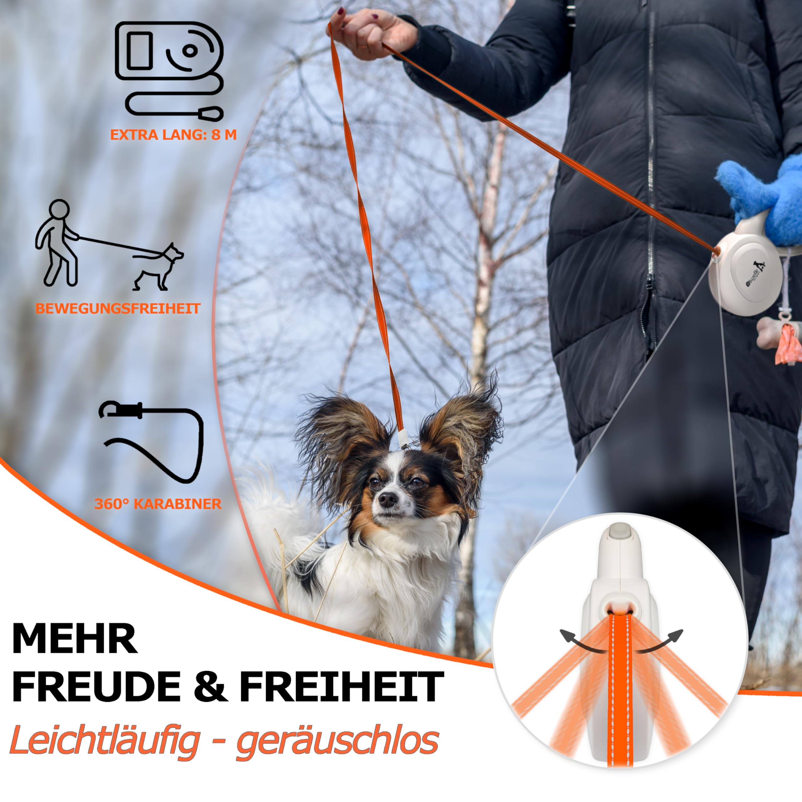 8m Lange Hundeleine für Hunde bis 50kg, Flexible Rollleine Neon-Orange Leuchtender Reflektor-Gurt mit 360° Karabinerhaken Metall, Ergonomischer Griff Grau Gummiert & Einzugs-Bremse, Weiß