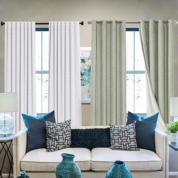H.VERSAILTEX 2 Panel 100% Blackout Curtains Linen 84 Inches Long Sage Bundle Faux Linen Jacquard Curtains,White