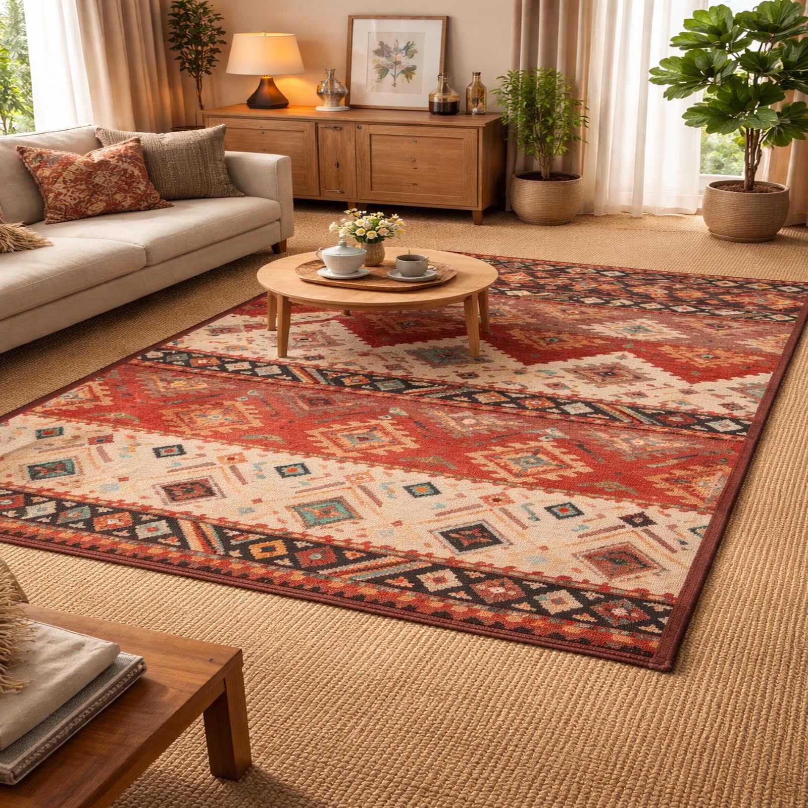 Tapis salon doux et lavable 170x240cm Rururug rouge géométrique