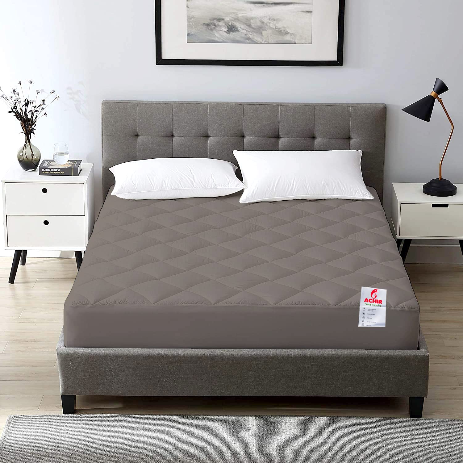 ACHIR Quilted 120GSM Microfiber Water Proof Mattress Protector - 72"x72", Double Bed, Grey-image-17