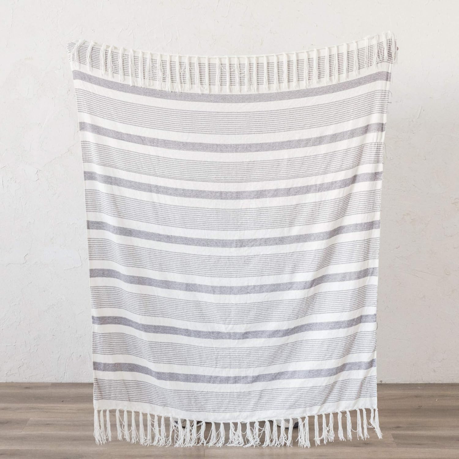 Decorative Grey Ivory Striped Throw with Fringe, Soft Chenille Knitted Farmhouse Lightweight Blanket with Tassels for Couch Sofa Chair Bed Office Home Décor, Gray and Off White,50" x 60" - Image 3