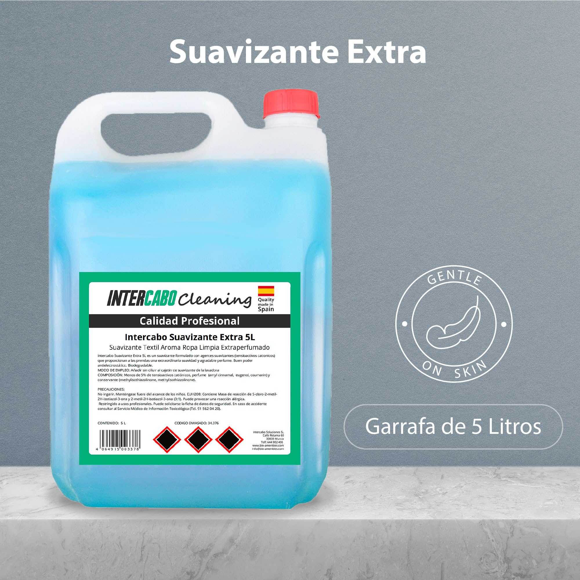 4 Garrafas suavizante ropa 5 litros - total 20L - fórmula concentrada con fragancia duradera - suavidad y frescura para textiles - uso intensivo en hoteles, lavanderías y colectividades - Intercabo