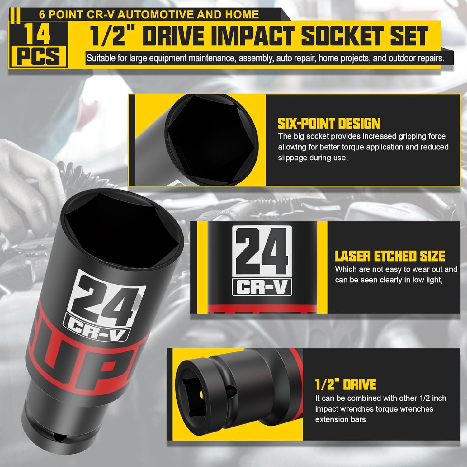 14-Piece 1/2" Drive Impact Socket Set, 10-24mm Thicker Deep Sockets with Storage Case and 1/2 to 1/4 Impact Wrench Adapter, Metric 6 Point Socket Set for Automotive and Home