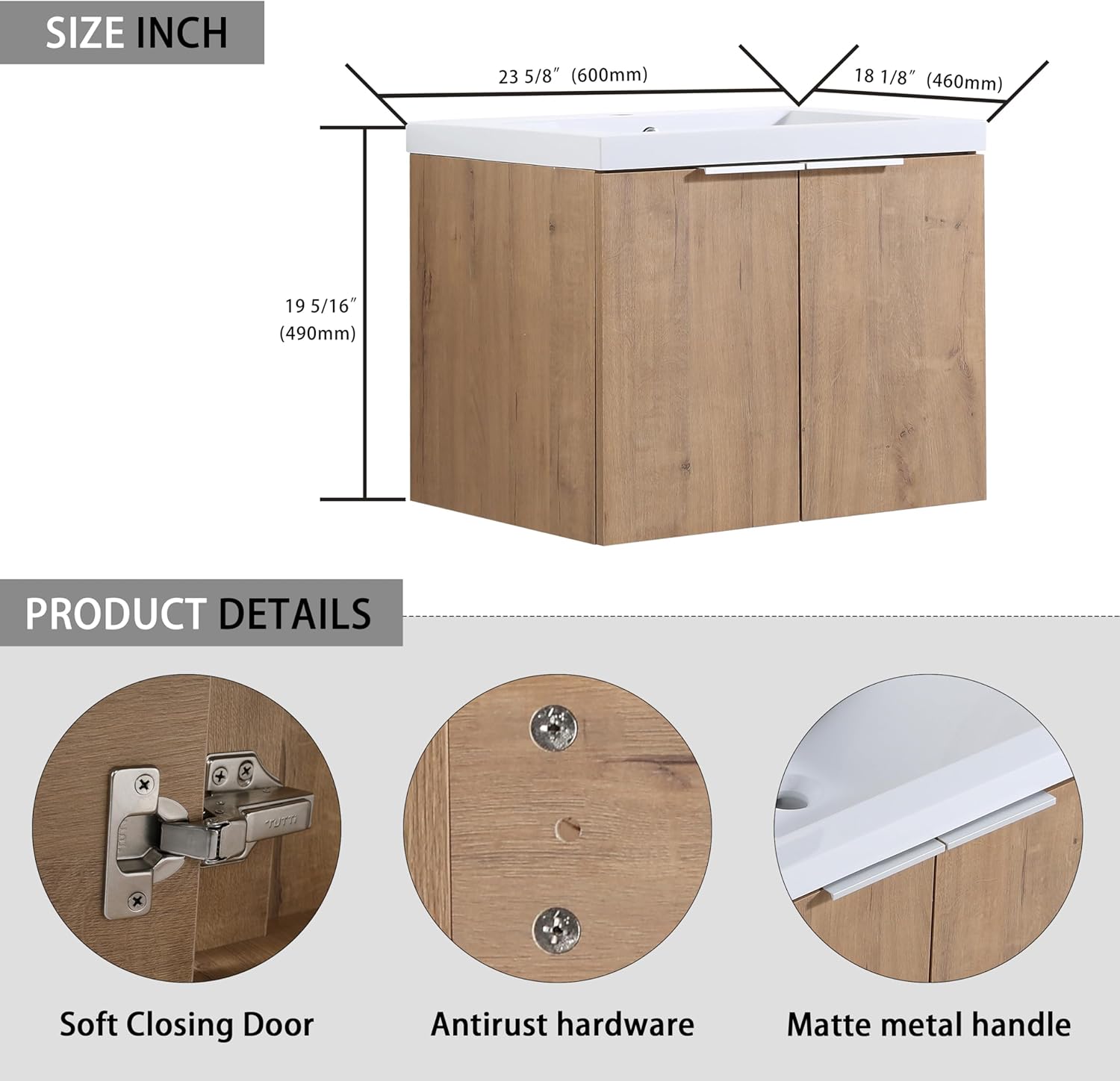 Henf 24" Floating Bathroom Vanity with Sink for Compact Space, Brown Wall Mount Bathroom Vanity Cabinet with Sink Combo, 24 Inch Bathroom Vanities Set with Side Cabinet 2 Floating Cabinet