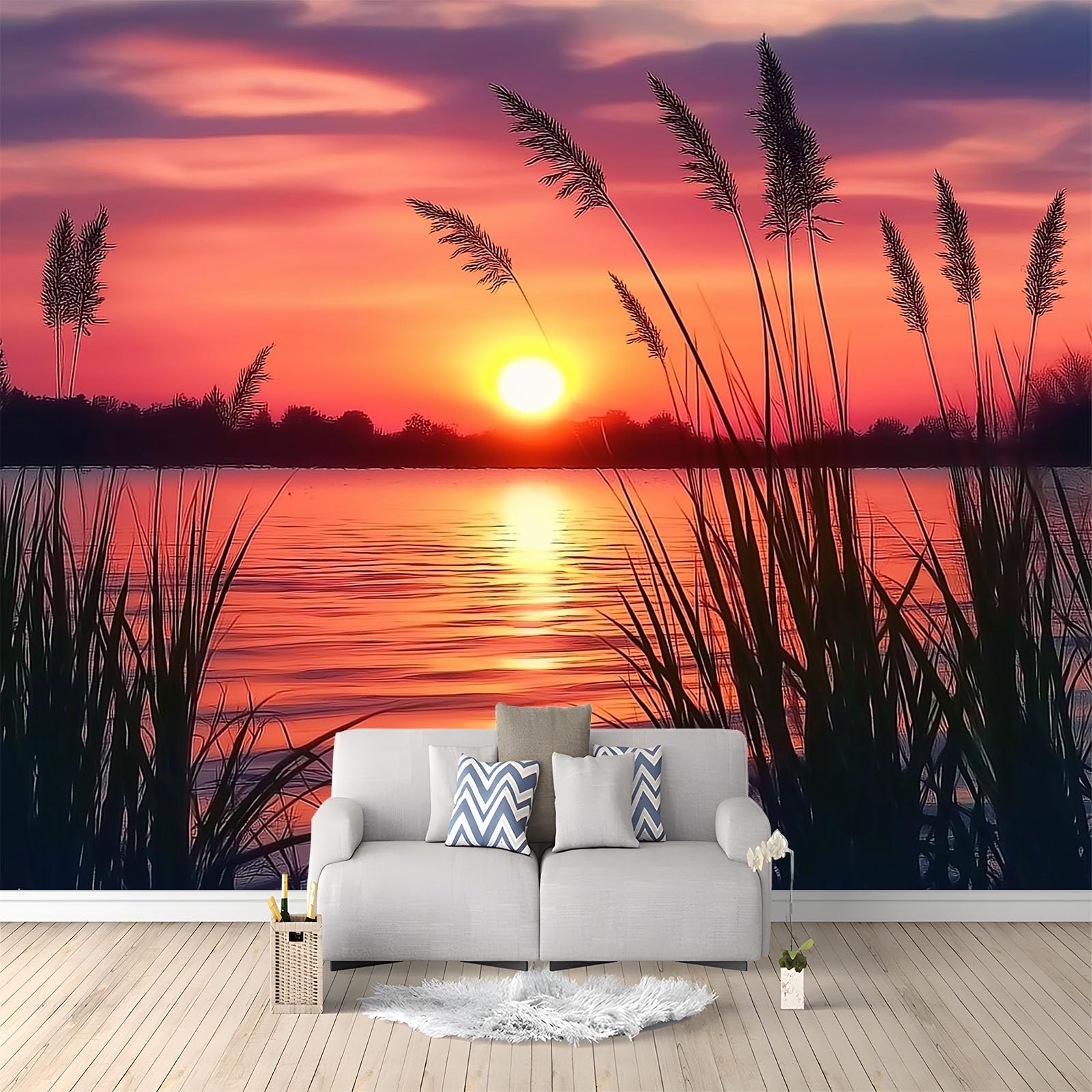 Générique Panoramiczna tapeta 3D 250 x 175 cm natura zachód słońca morze tapeta z włókniny, plakat ścienny do salonu, dekoracji pokoju dziecięcego, ścienny łatwy w montażu, kolor pomarańczowy