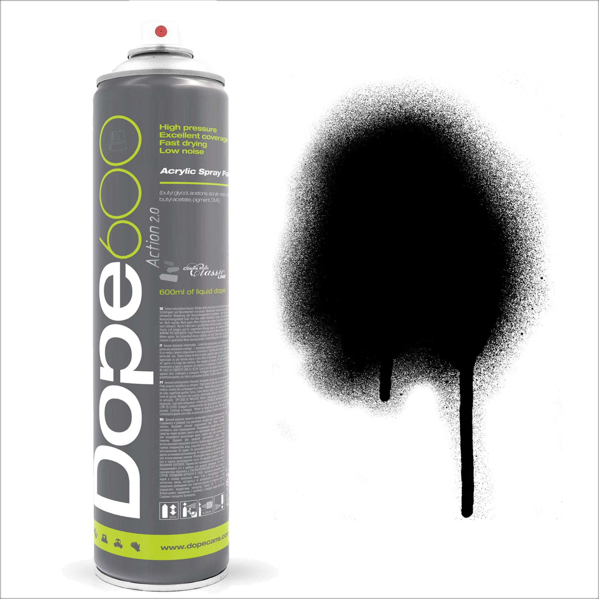 Graff-City Action 2.0 Dope Spray Paint 600ml - High Pressure Fast Drying Multi Colour Full Coverage Formula (Black D-300)