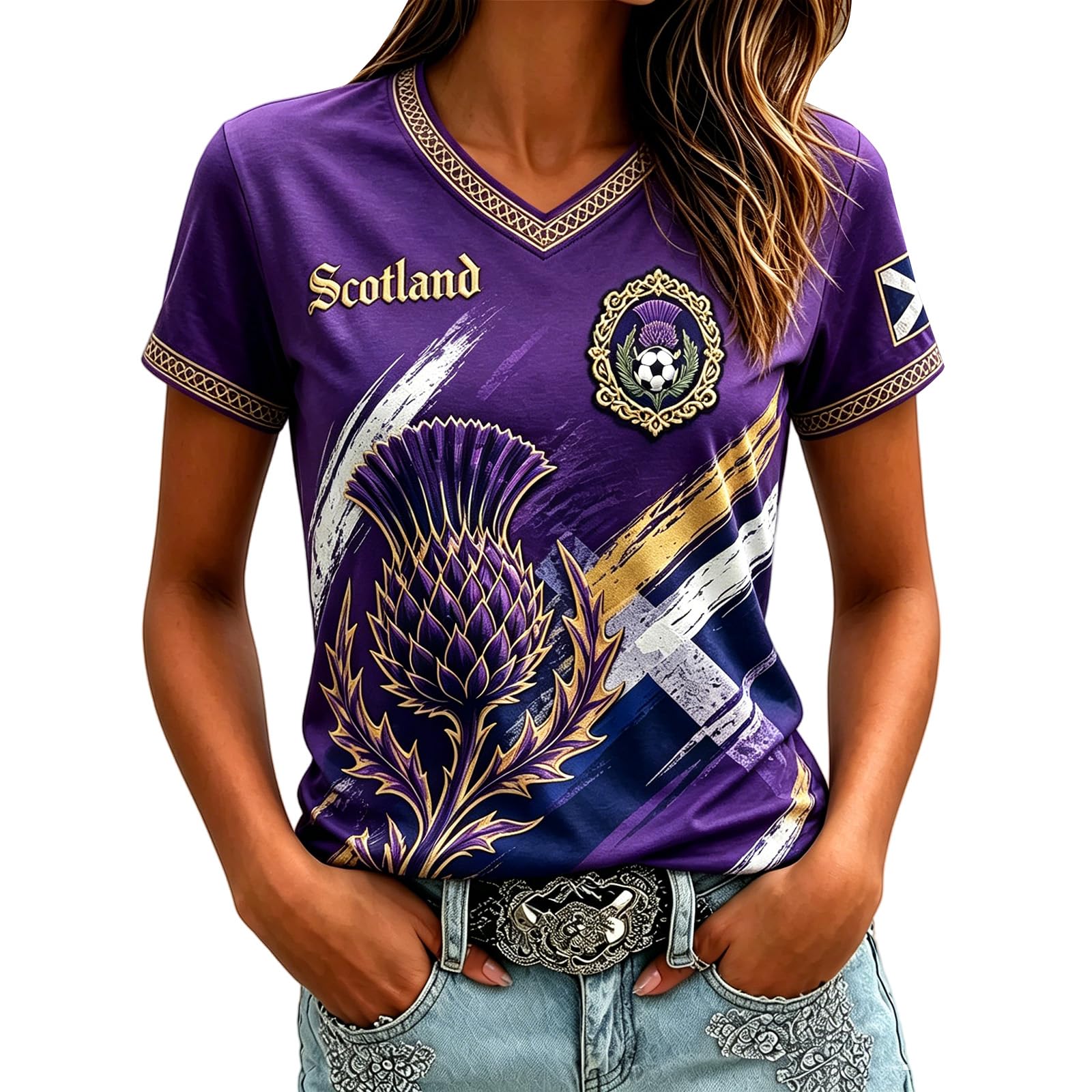 Scotland Football Shirt Womens World Cup 2026 Short Sleeve Jersey Retro Graphic Printed V-Neck England Football Fan Top Ladies Scotland T-Shirt Lightweight Breathable Summer Training Sports Clothing