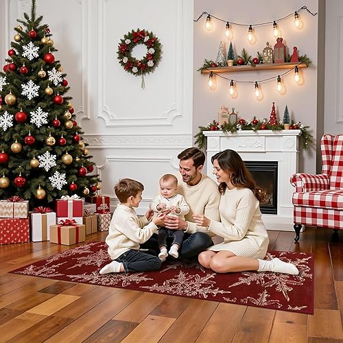 Miniatura 7 de U'Artlines Alfombra de pasillo de Navidad, alfombra roja de 2 x 6 pies, antideslizante, lavable, con copos de nieve, alfombra de pasillo para
