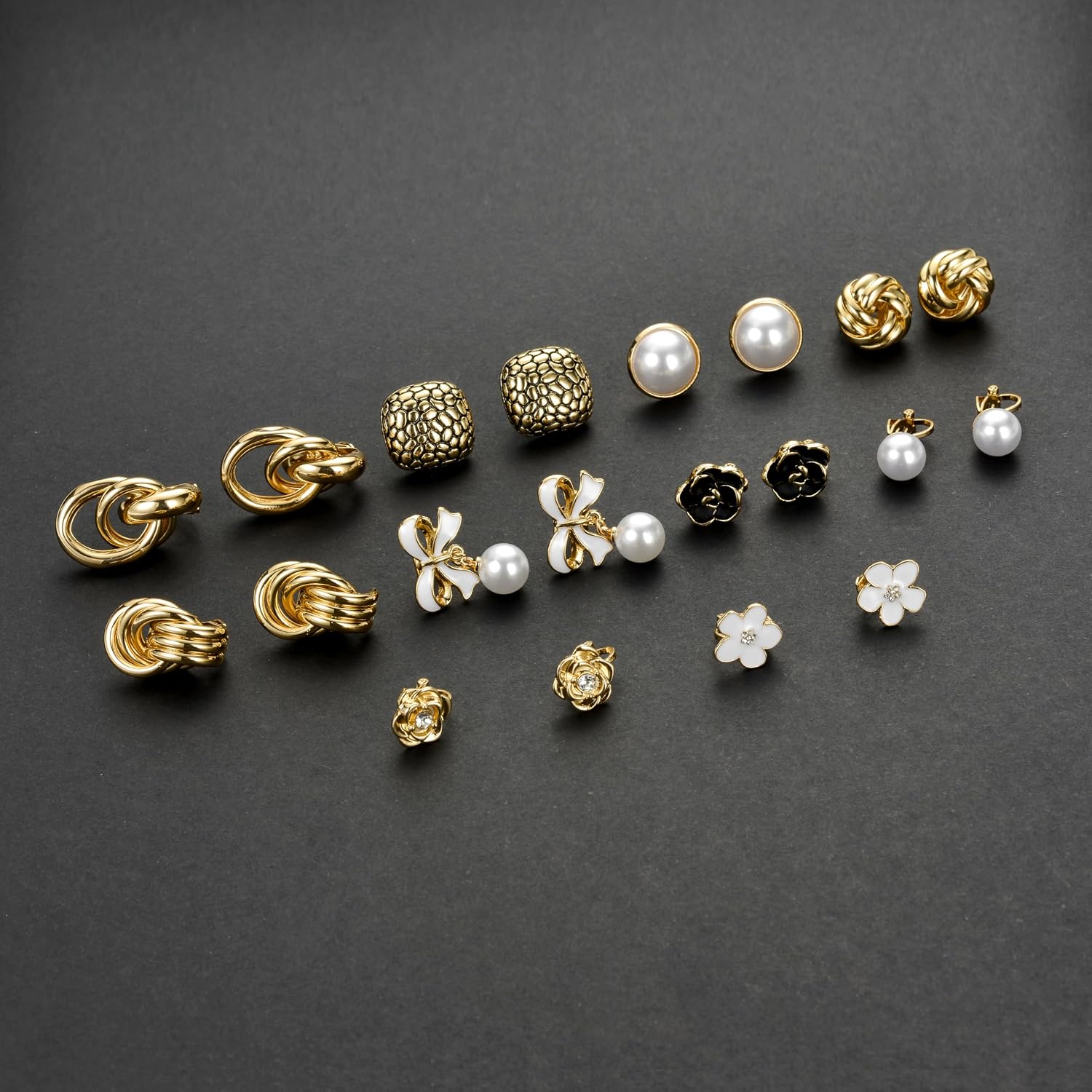 10 Pairs Clip on Earrings for Women Non Pierced CZ Rose Flower Bowtie Heart Twist Knot Pearl Dangle Clip on Stud Earring Set Gold Tone