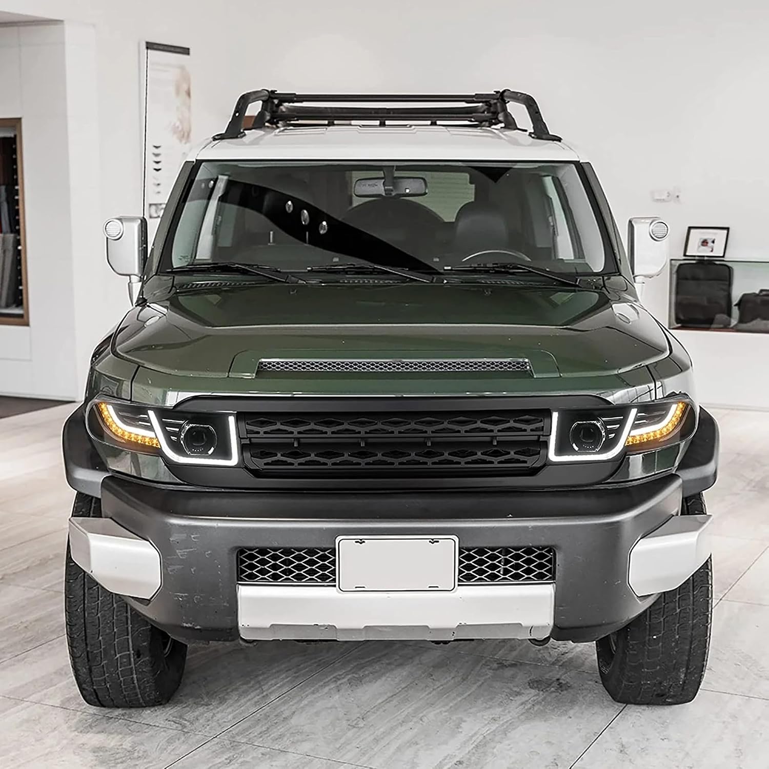 VLAND LED Headlights and Black/Chrome Front Bumper Grille Compatible with Toyota FJ Cruiser 2007-2022, DRL Bars & Sequential Turn Signal(D2H/D2S/H7, Bulbs Not Included) (Black Grille)