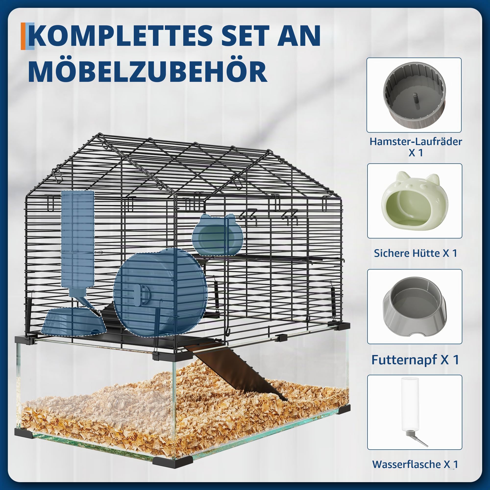 Hamsterkäfig aus Glas und Metallgitter, 360°-Sicht Hamsterlebensraum, Kleintierkäfig 58x39x54 cm, Belüfteter Mäusekäfig mit Wasserflasche, Tragbares Hamsterhaus für Ratten, Meerschweinchen