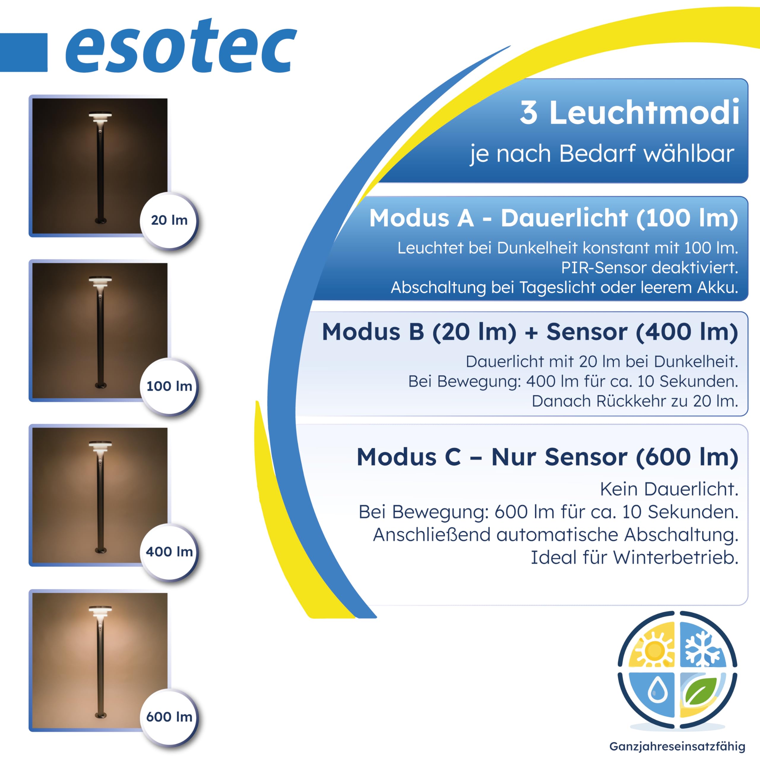 esotec Solar PIR Standleuchte Modena 85, Bewegungsmelder, 3 Leuchtmodi, Akku, LED Solarleuchte, Wegeleuchte, Gartenbeleuchtung, Metall, IP44, außen, wetterfest, silber, Höhe 85cm, 102755