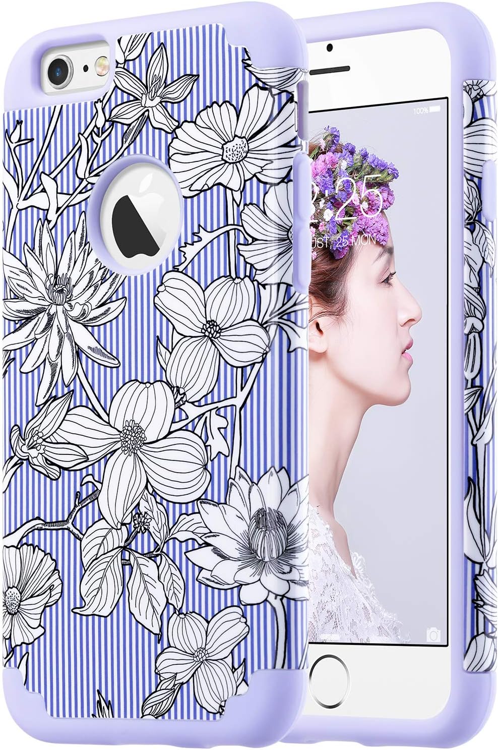 ULAK iPhone 6S Case,iPhone 6 Case, Slim Fit Dual Layer Soft Silicone & Hard Back Cover Bumper Protective Shock-Absorption & Skid-Proof Anti-Scratch Case, Pinstripes + Flowers