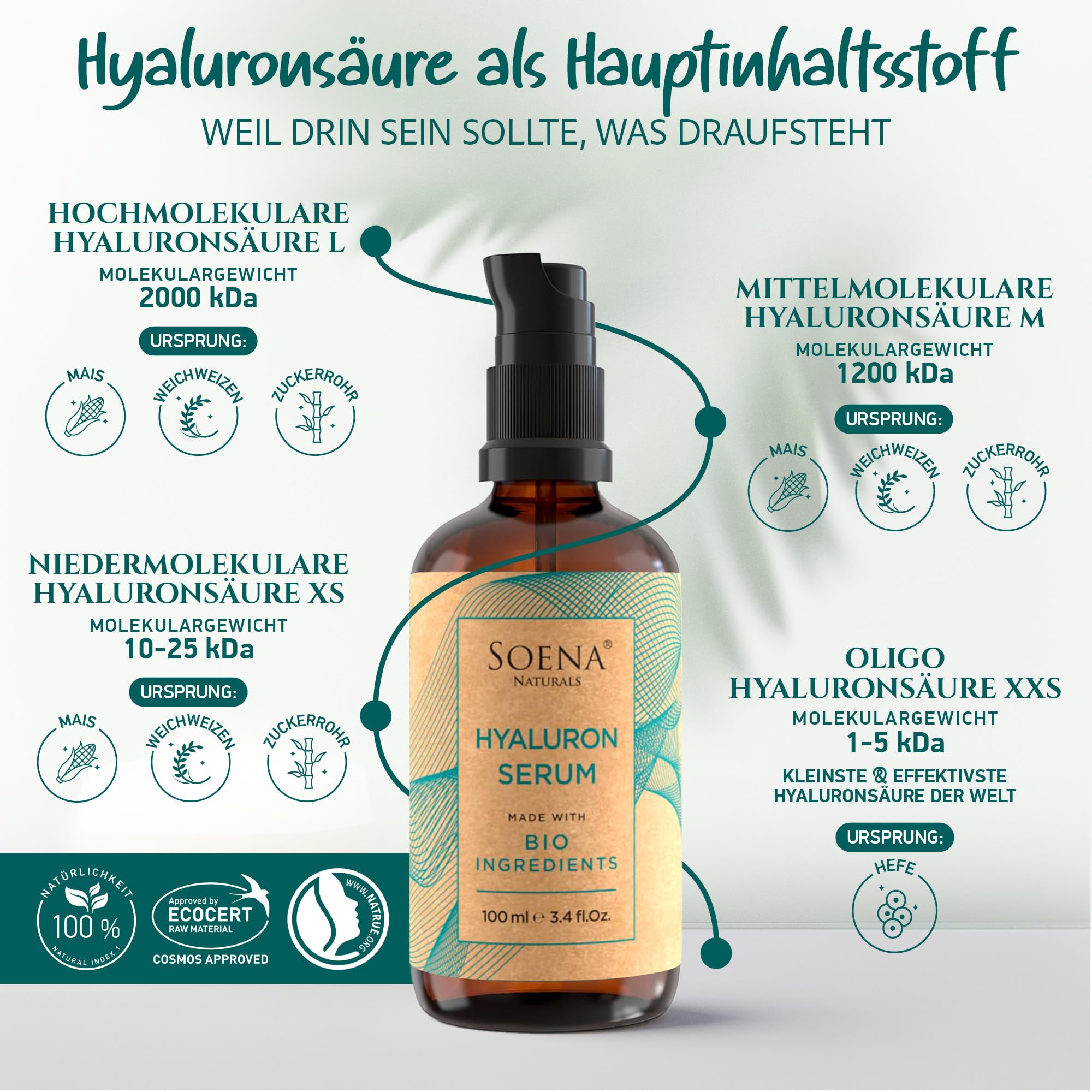 Bio Hyaluron Serum Hochdosiert - Beste Hyaluronsäure (Oligo) - 8-Fach Anti-Falten-Komplex- Mit 4 Hyalurongrößen - Frei von Alkohol & Parfüm 100ml - Hyaluronsäure Serum