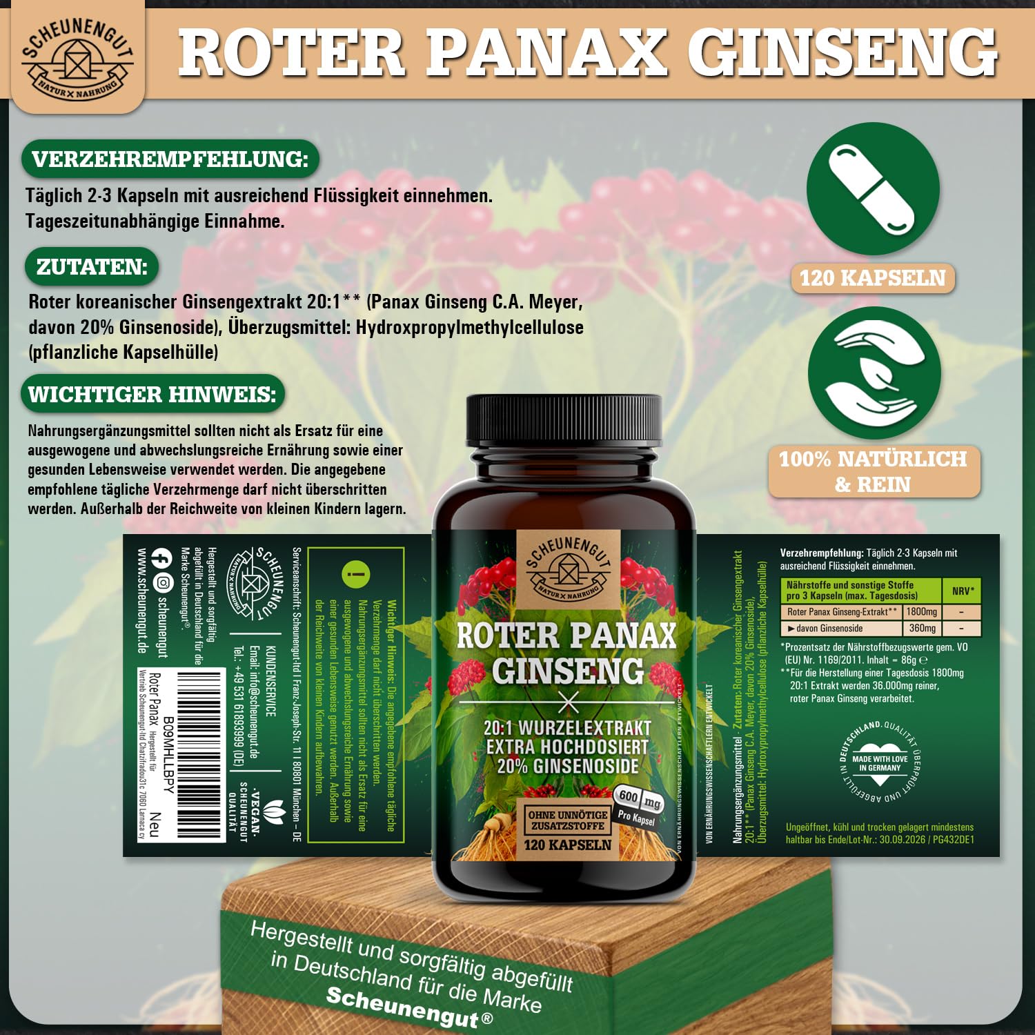 Roter Panax Ginseng Kapseln -Hochdosiert- 20% Ginsenoside DE SCHEUNENGUT® | WICHTIG: 20:1 Roter Panax Extrakt (=36000mg Ginsengwurzel je Tagesdosis) - Ginseng Kapseln Hochdosiert- Vegan