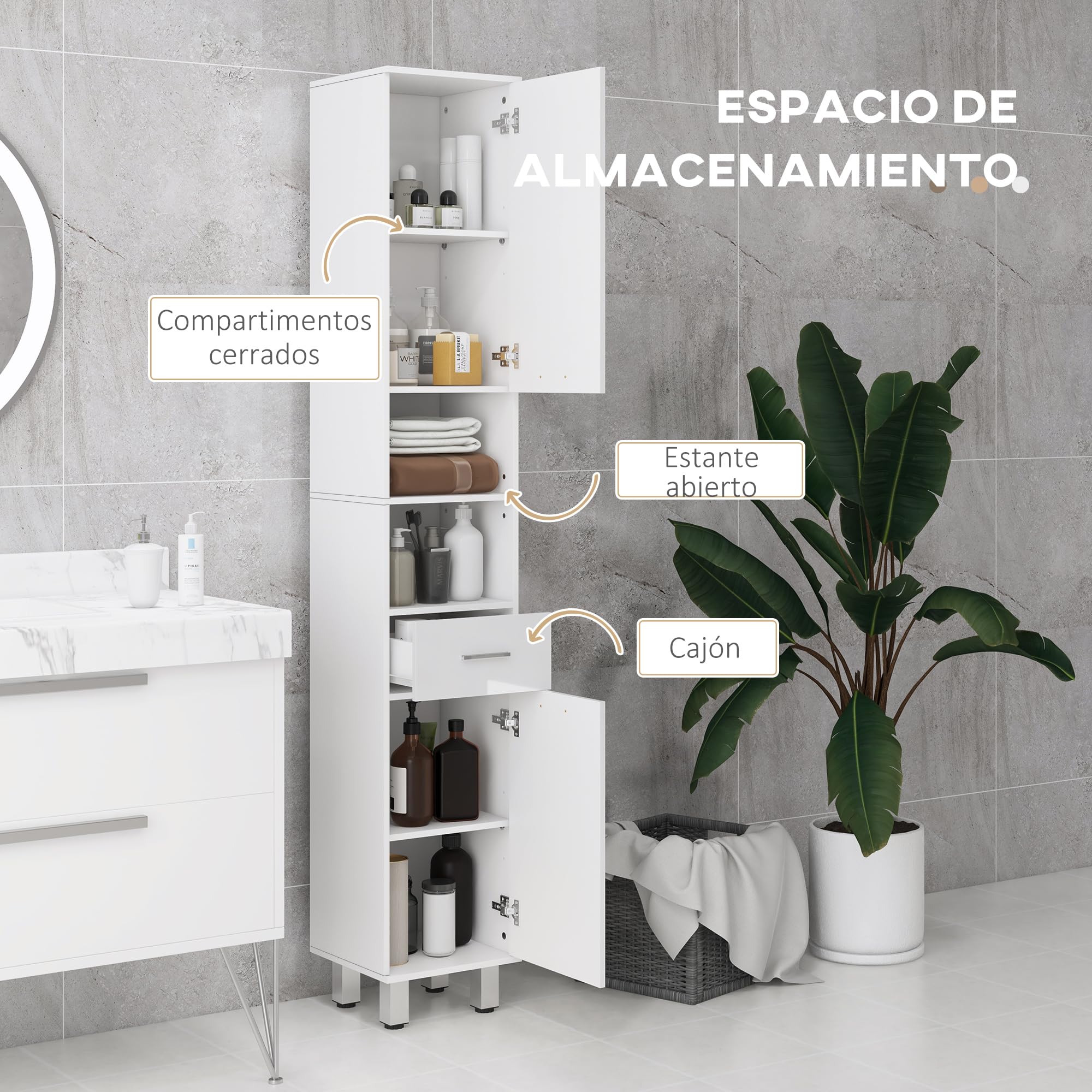 kleankin Armario de Baño Alto, Columna Auxiliar de Baño, con 1 Cajón, 3 Estantes Ajustable, 2 Armarios, para Salón, Dormitorio, 30x30x180 cm, Blanco Brillante