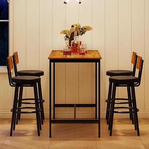 Miniatura 6 de Tatub Juego de 4 sillas y mesa de bar, 5 piezas, altura de mostrador, juego de 4 sillas de mesa de desayuno para comedor, color marrón