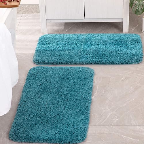 MIULEE Set of 2 Non Slip Shaggy Bathroom Rugs Extra Thick Soft Bath Mats Plush Microfiber Absorbent Water for Tub Shower Machine Washable (Teal, 24x44 inches)