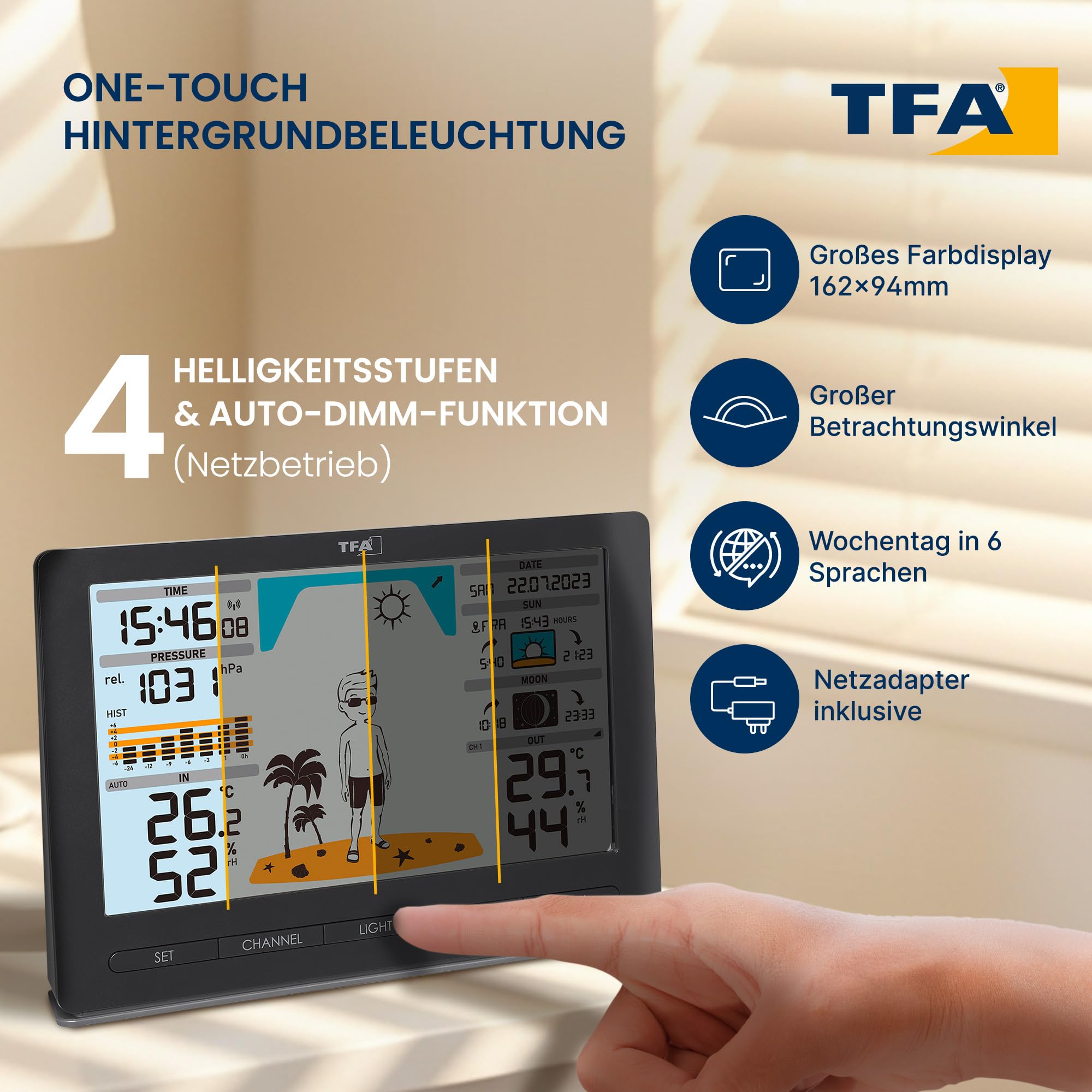 TFA Dostmann Funk Wetterstation METEO JACK, 35.1097.01, mit Außensensor, inkl Wettervorhersage mit Luftdruck, Mondphase, Sonnenaufgang- & -untergang, Funkuhr, Amazon Exklusiv, schwarz