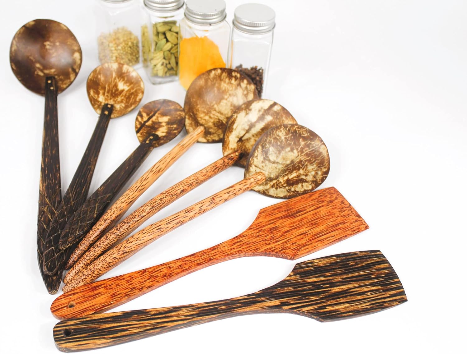 Handcrafted Wooden Spoons set, 3 coconut wood spoons, 3 palm wood spoons, 2 spatulas made of coconut wood and palm wood.
