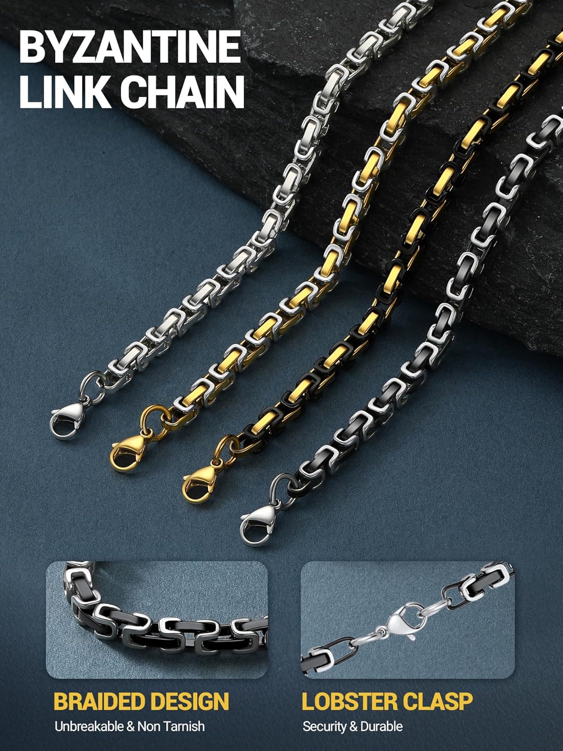 PROSTEEL 4MM/6MM/8MM Stainless Steel Necklace for Men Women, Stylish and Cool, Byzantine Chain Black Gold Silver Tone, 18-30 Inches, Come Gift Box - Image 5