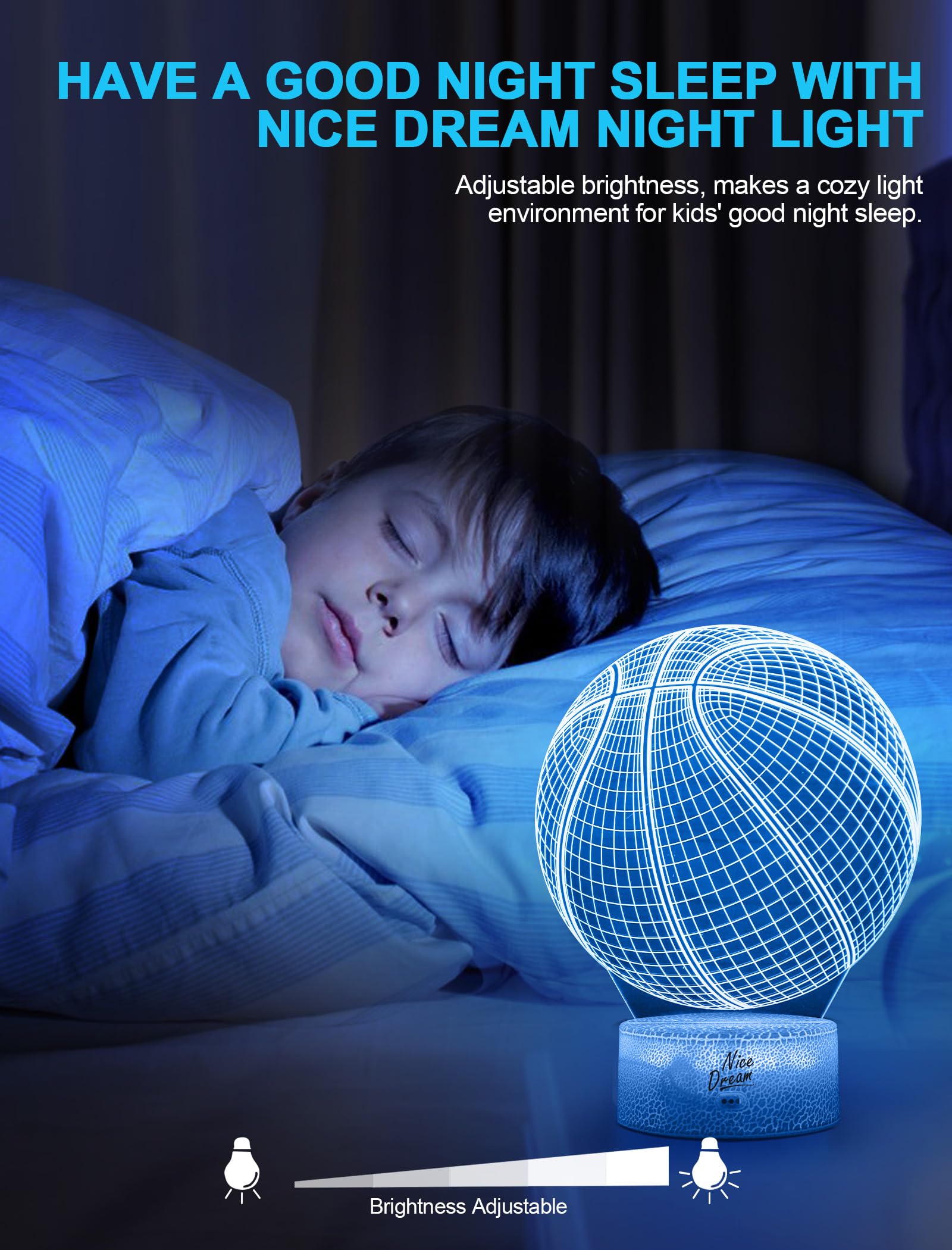 Nice Dream Luce Notturna da Basket per Bambini, Lampada da Illusione 3D Luce LED, Telecomando 16 Cambia Colore Dimmerabile, Regali di Natale per Ragazze Ragazzi Soggiorno Arredamento Camera da Letto