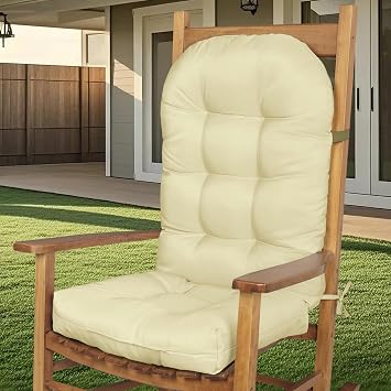 Waterproof Rocking Chair Cushion Outdoor Adirondack Chair Cushion with Ties Tufed High Back Seat Pad for Patio Furniture Fade-Resistant 1, Beige