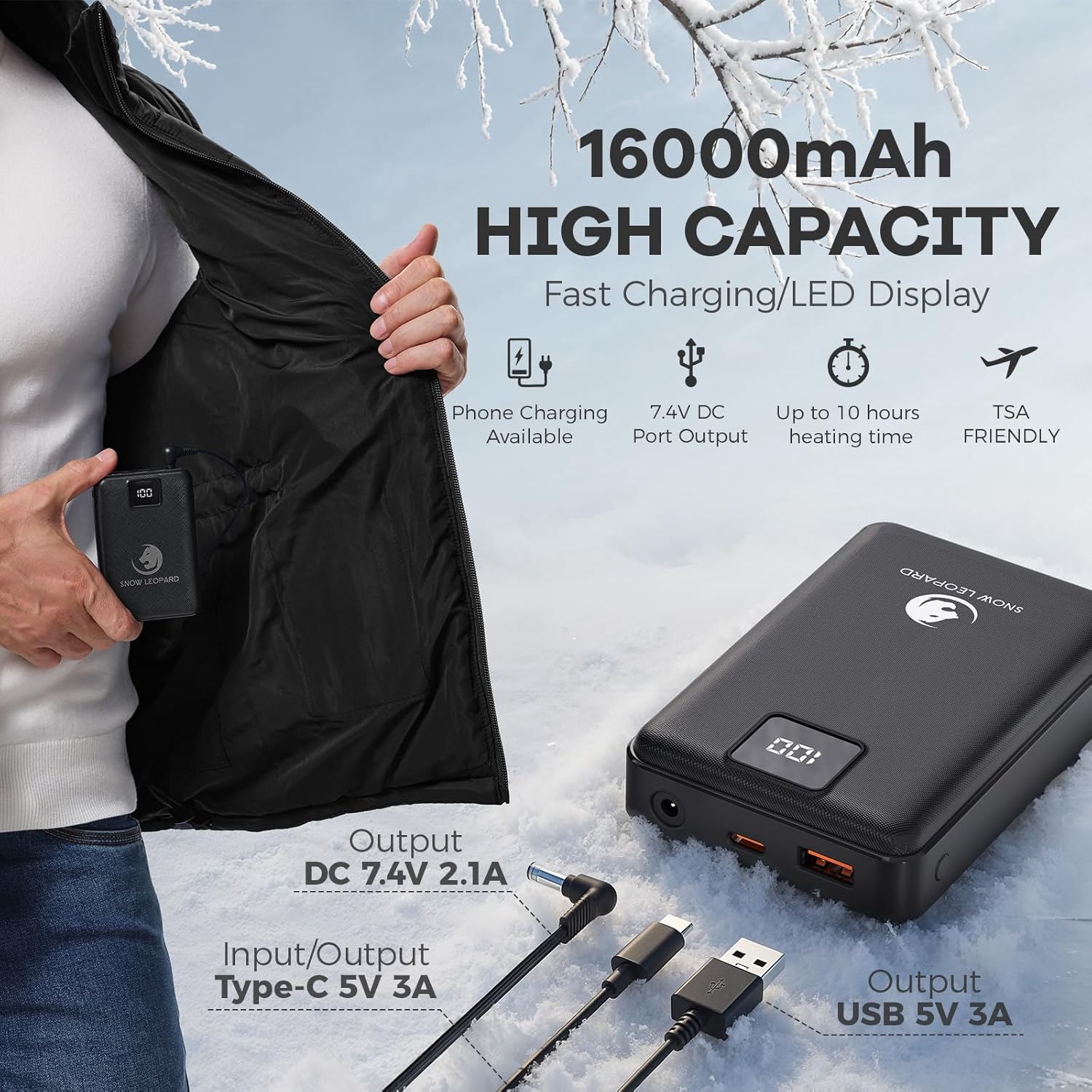 SNOW LEOPARD Heated Vest for Men with Battery Pack Included, 16000mAh 7.4V Rechargeable Men's Heated Vest - Image 5