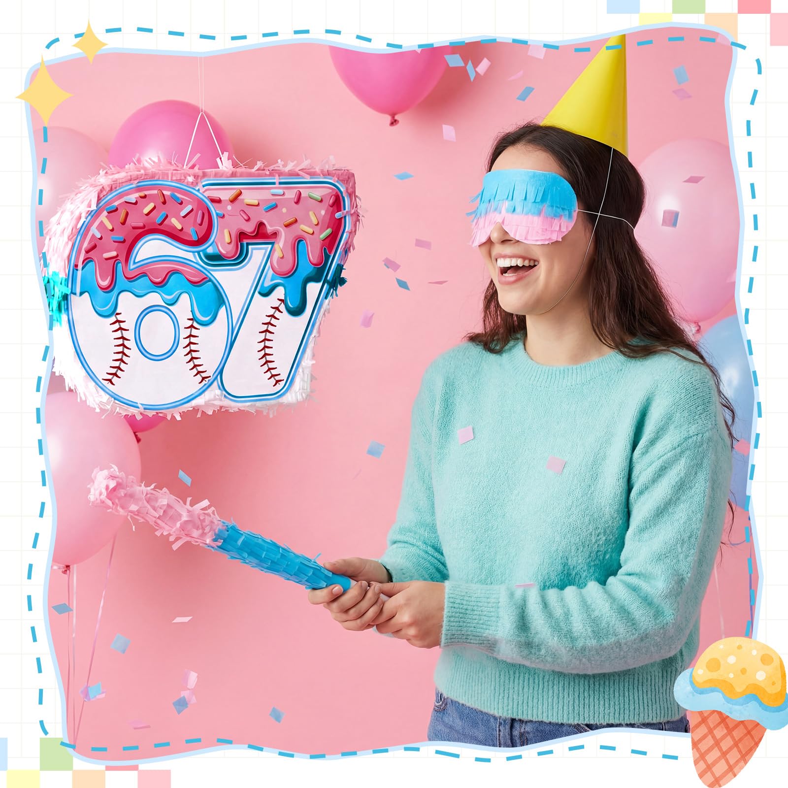 Soulchen Piñata sur le thème du baseball numéro 6 7 avec bâton de chauve-souris, bandeau pour les yeux et confettis pour décorations de fête d'anniversaire amusantes à thème Six Seven