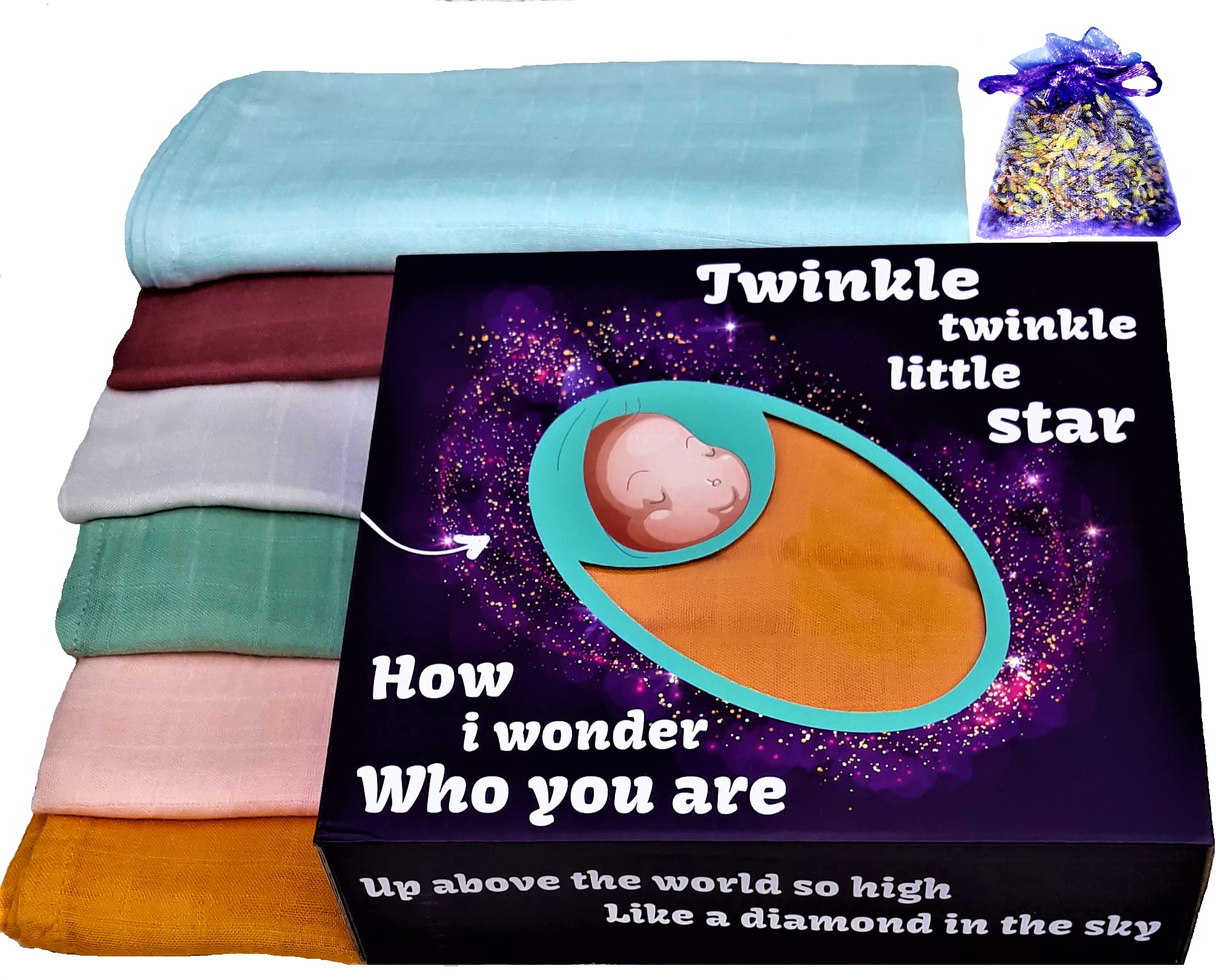 U.S Gift baby boy or girl,2 extra-large (120x120cm) & 4 large (60-60cm) luxury bamboo/organic cotton muslin swaddle/receiving blankets & dry lavender bag,gift-boxed,Blue Orange Green Grey Brown Peach